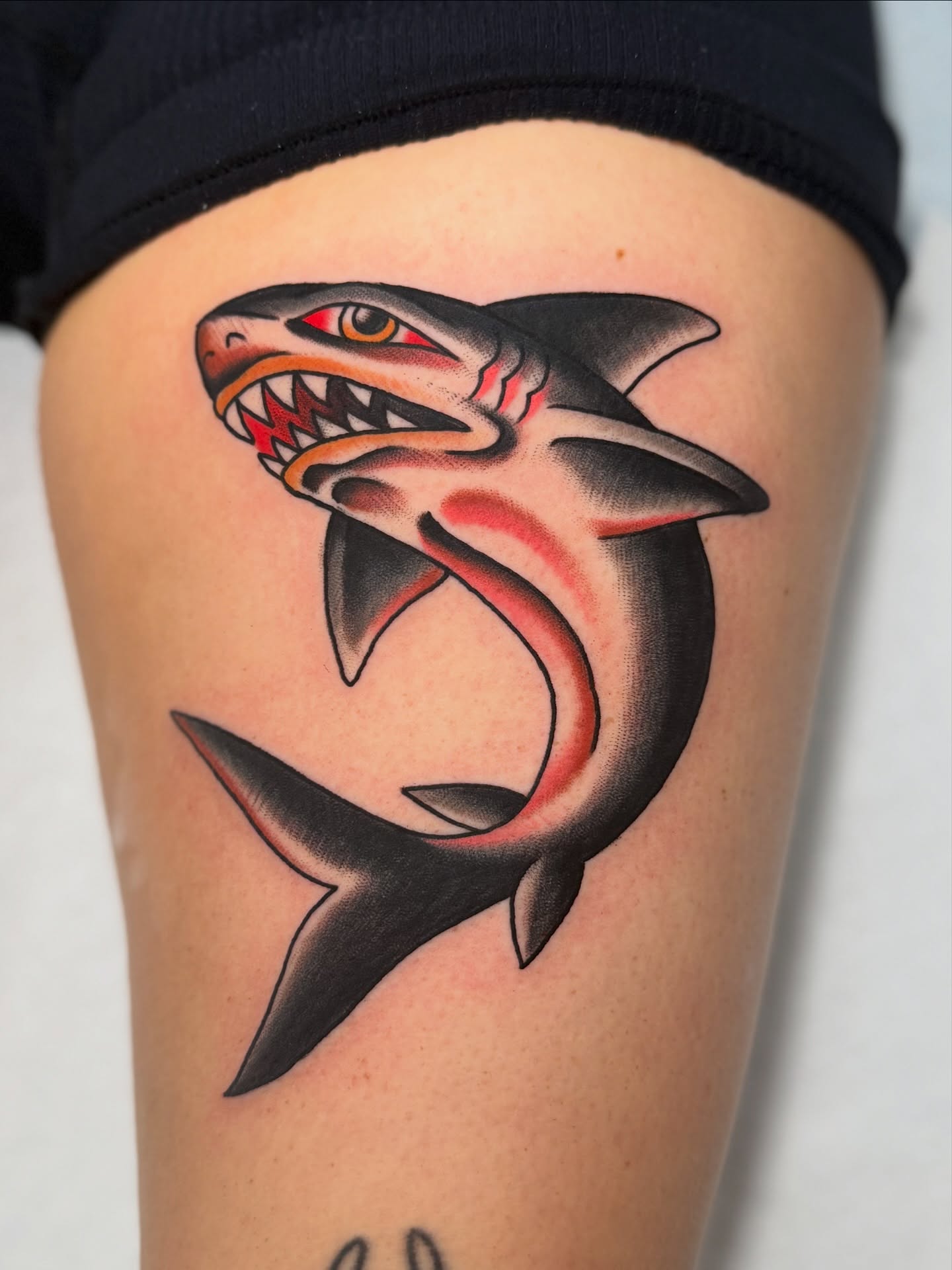 Shark American traditional tattoo on the thigh by derrick b. π² Modern Traditional Tattoo