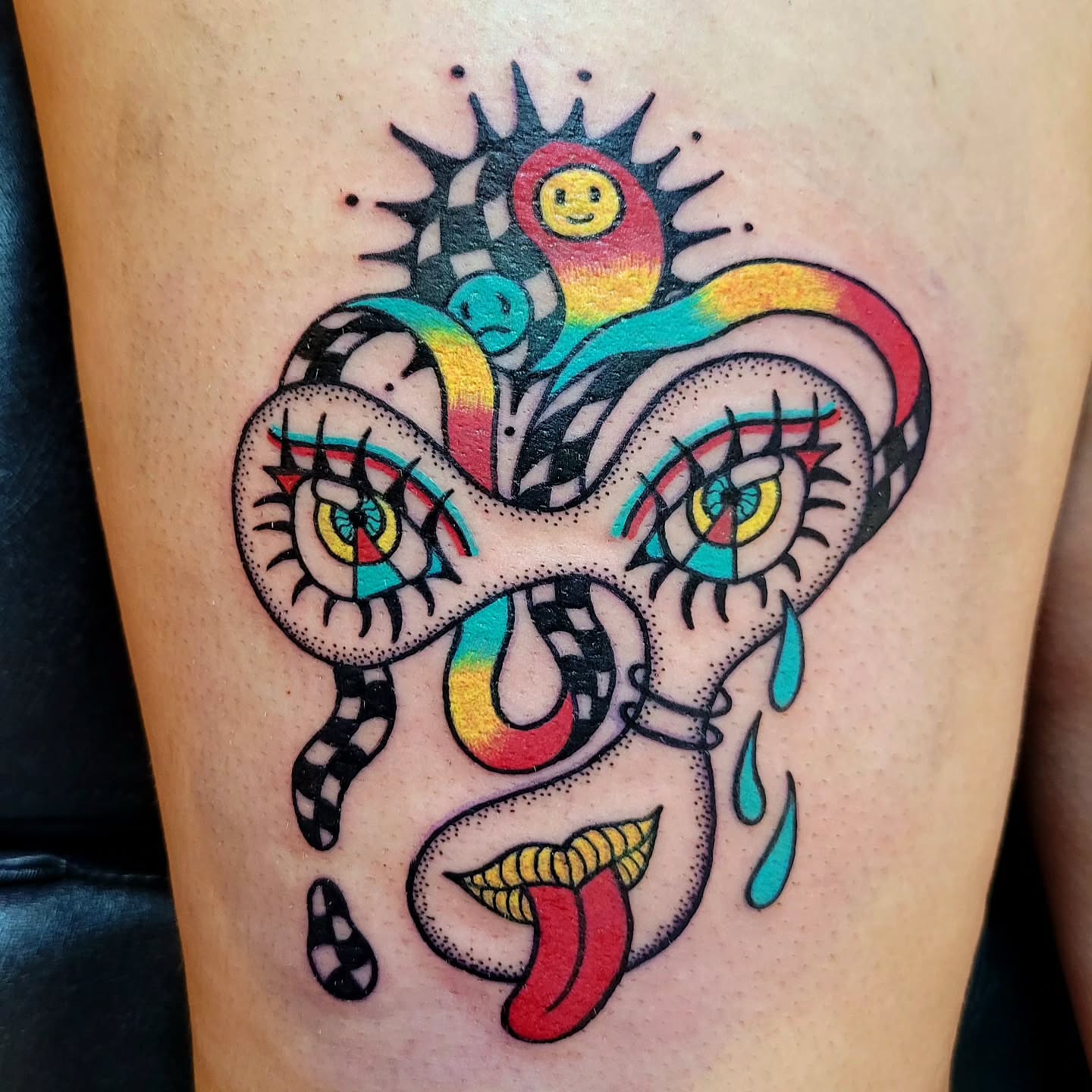 Eyes and snake dotwork tattoo on the thigh by Cat Wong意藝