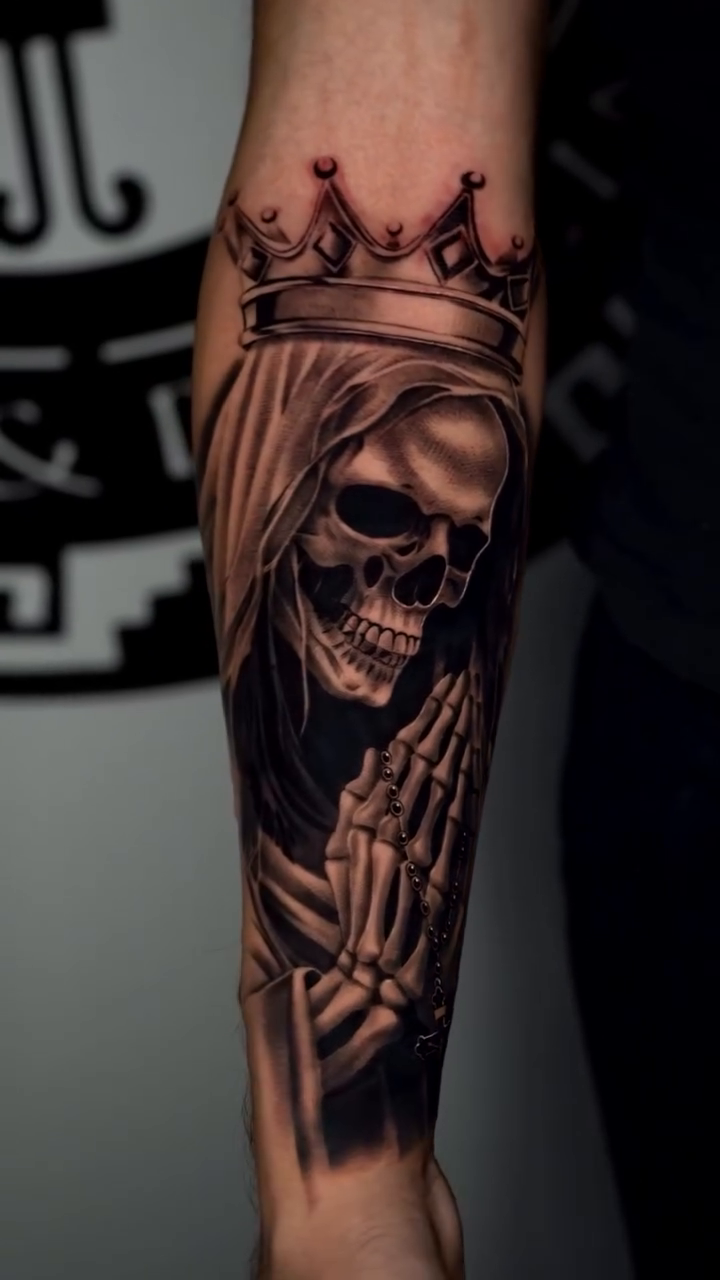 Grim Reaper with crown dark realism tattoo by Salvador Saenz Jr, Dallas, Texas