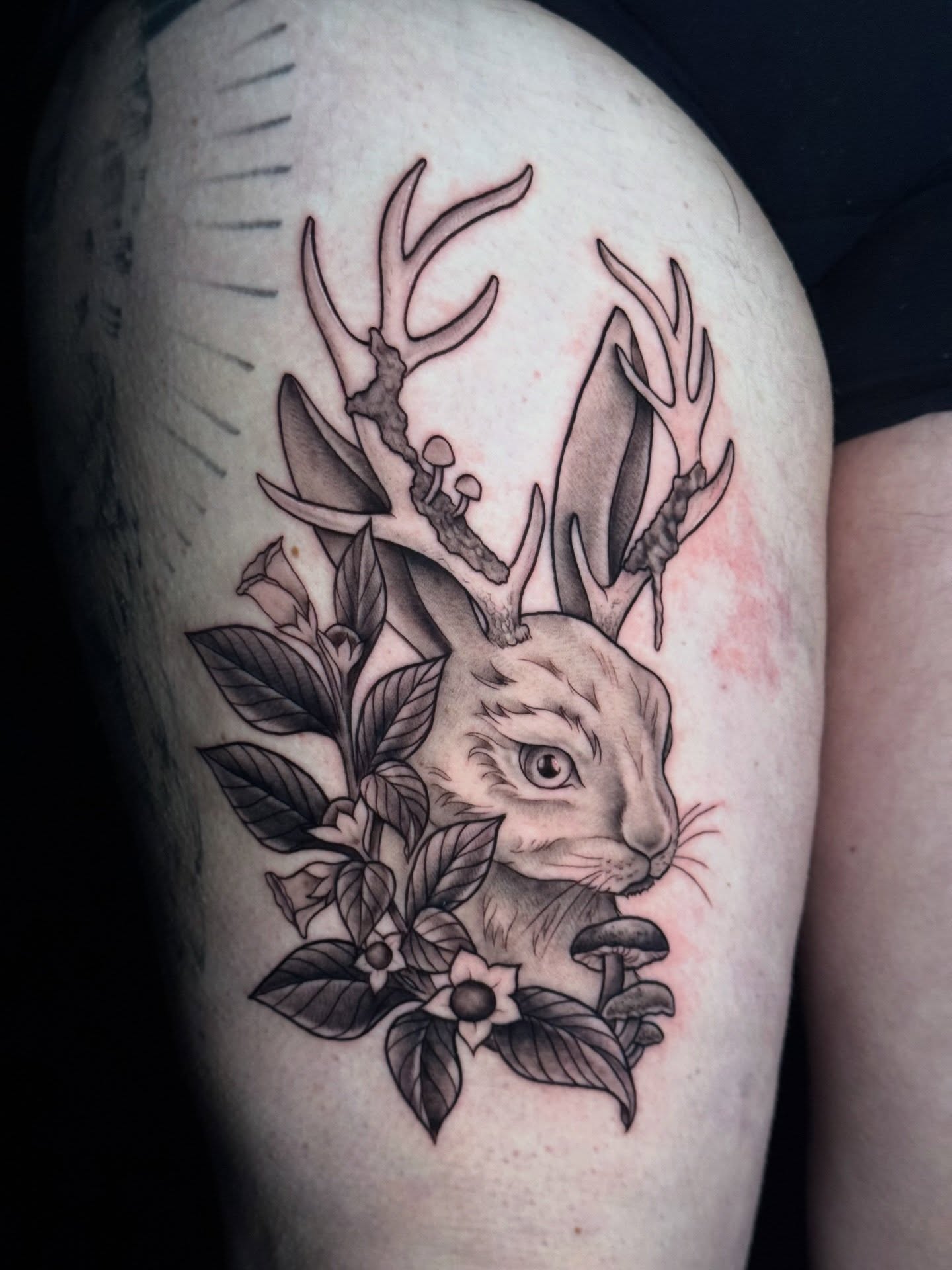 Deer and rabbit realism tattoo on the thigh by Lily Bejarno