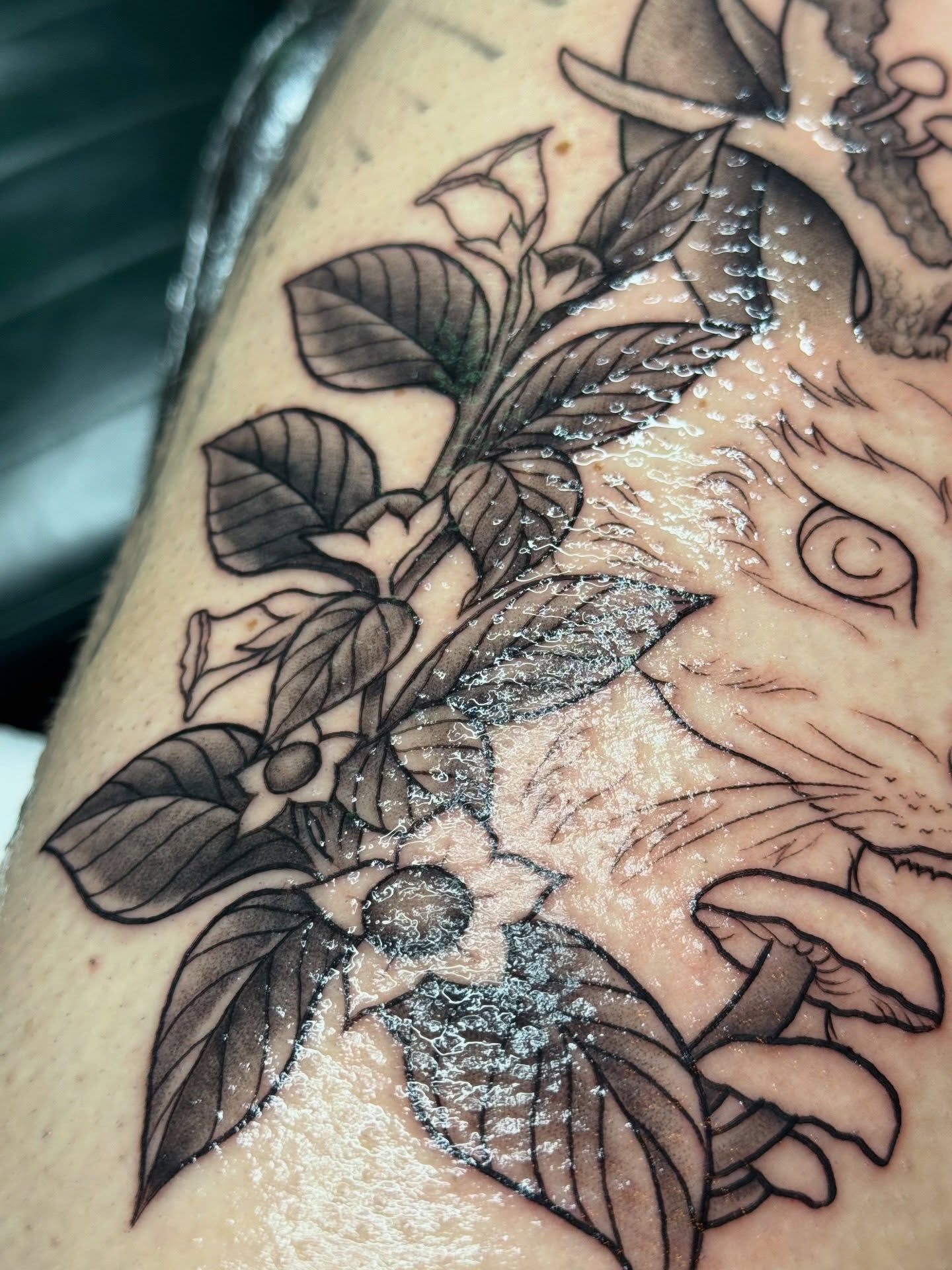 Flower and leaves black and grey tattoo on the thigh by Lily Bejarno