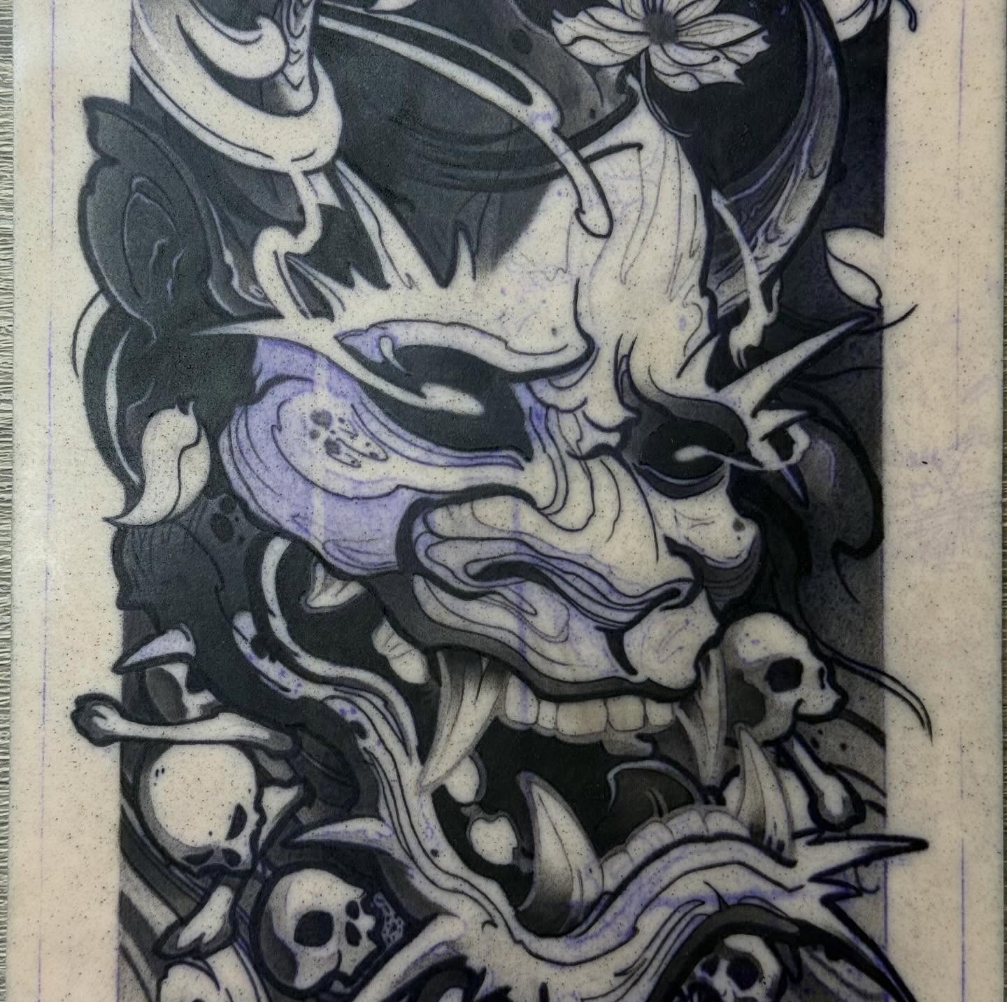 Demon mask japanese irezumi tattoo by Kai, Charlotte, North Carolina