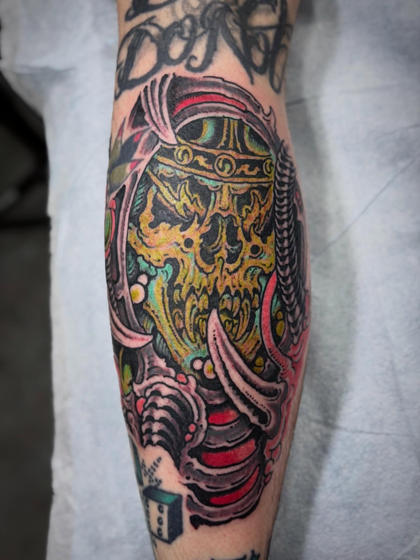 Mecha helmet American traditional tattoo on the forearm by Zac Blevins