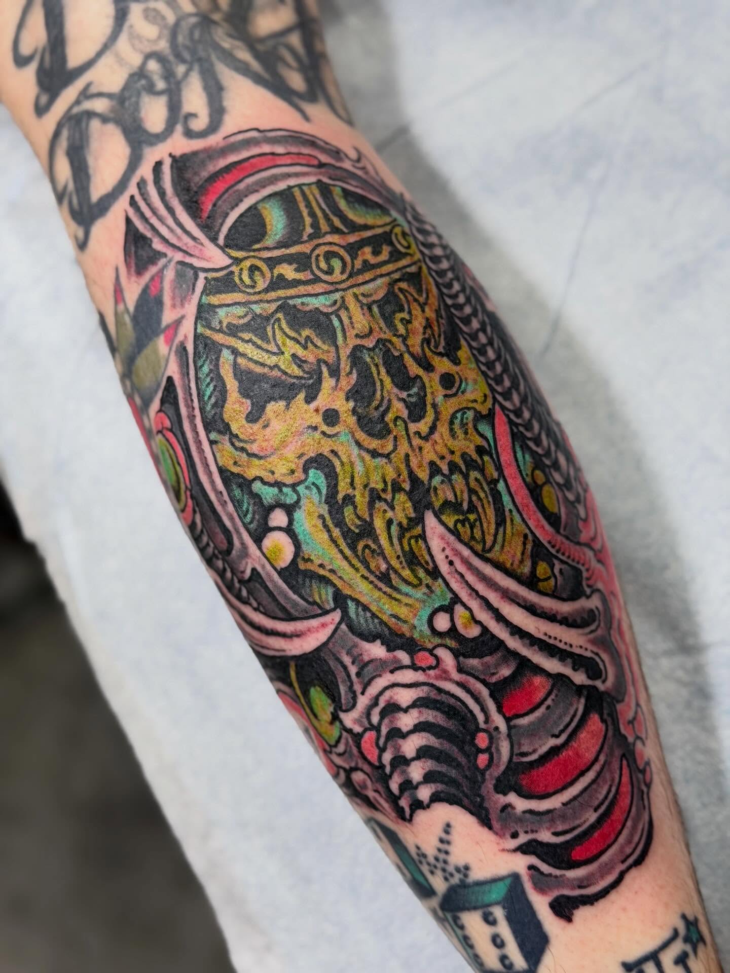 Japanese mask japanese irezumi tattoo on the forearm by Zac Blevins
