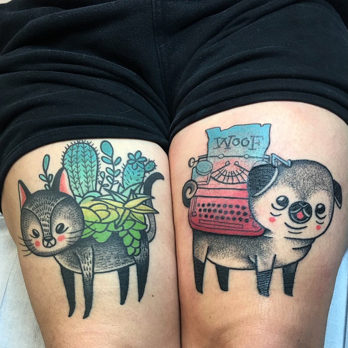 Cat and cactus dotwork tattoo on the thigh by Aidan Monahan Tattoo