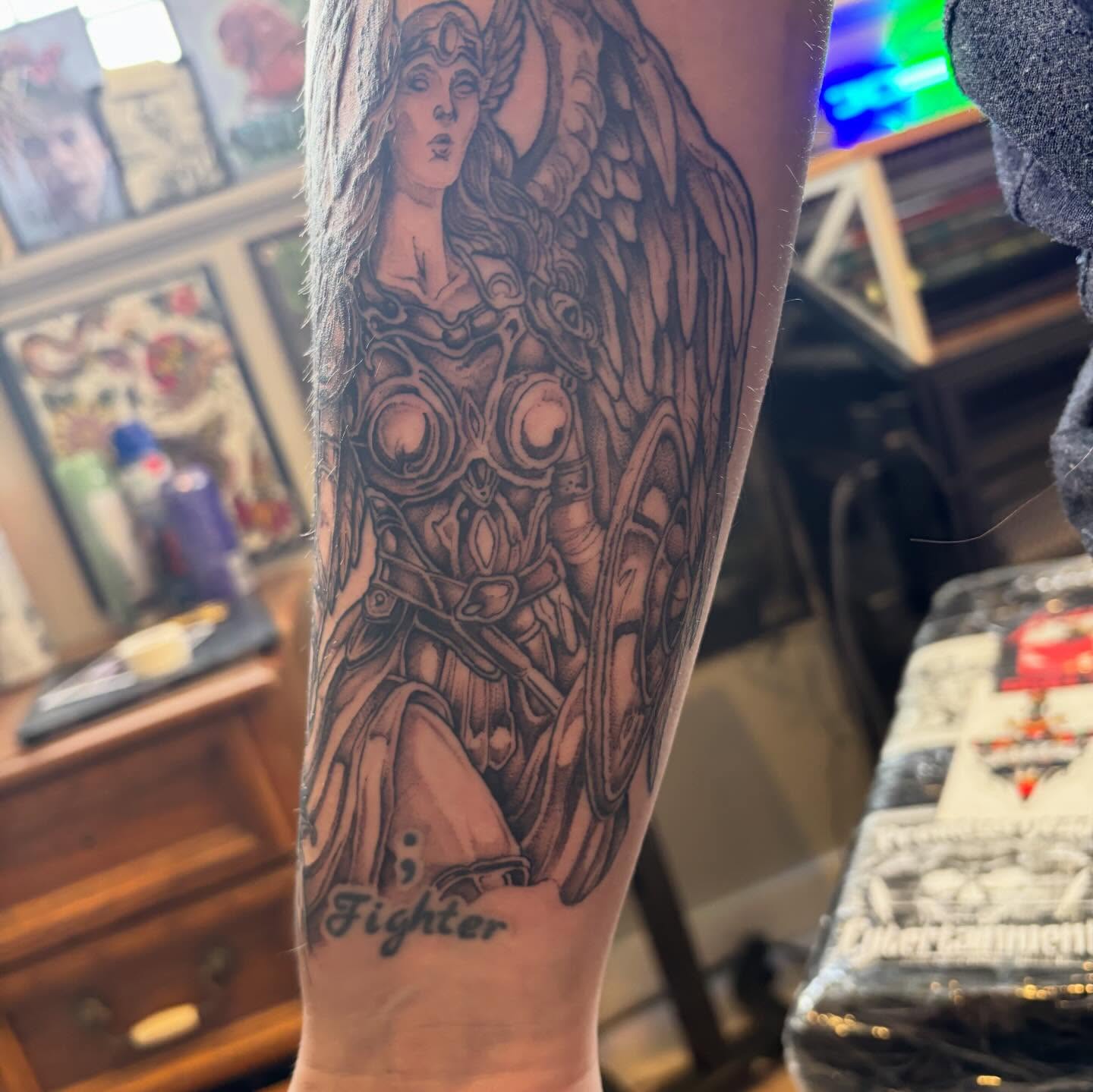 Female warrior realism tattoo on the forearm by Kevin Berube
