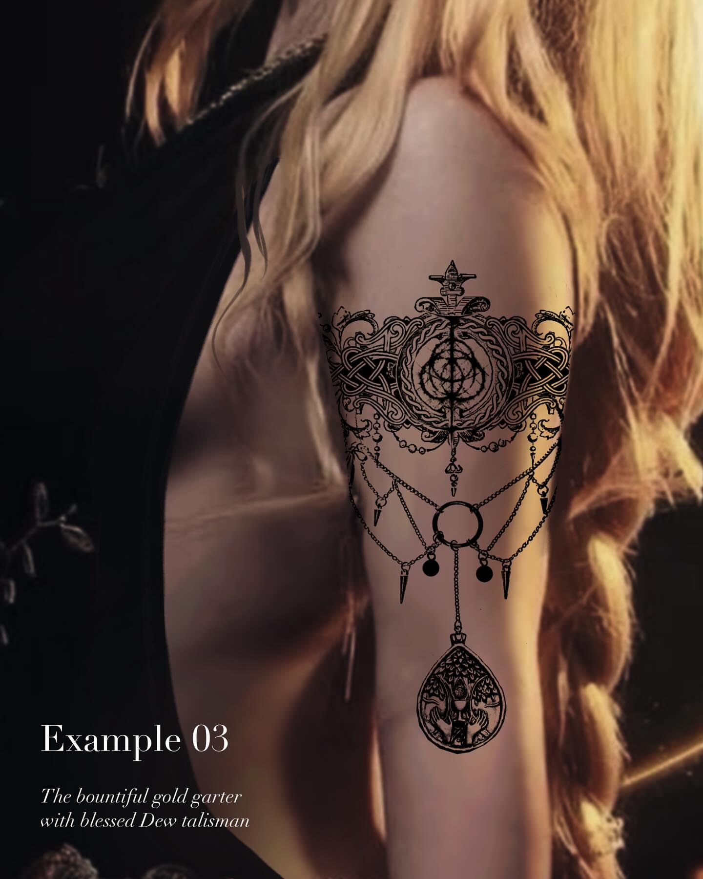 Gold garter with blessed Dew talisman black and grey tattoo on the shoulder by ๐๐ฆ๐ฐ๐ฆ๐