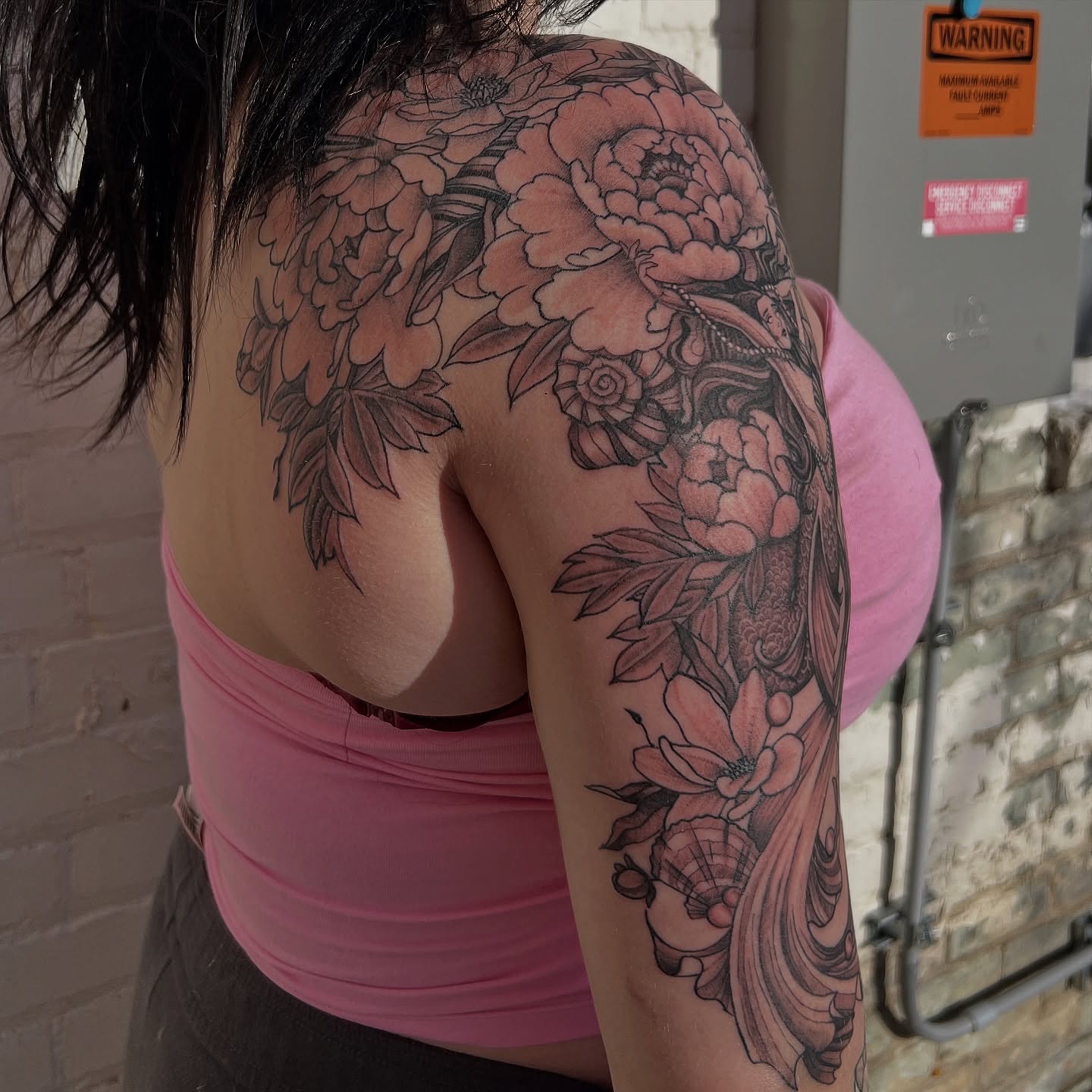 Peony flowers japanese irezumi tattoo on the shoulder by Lauren