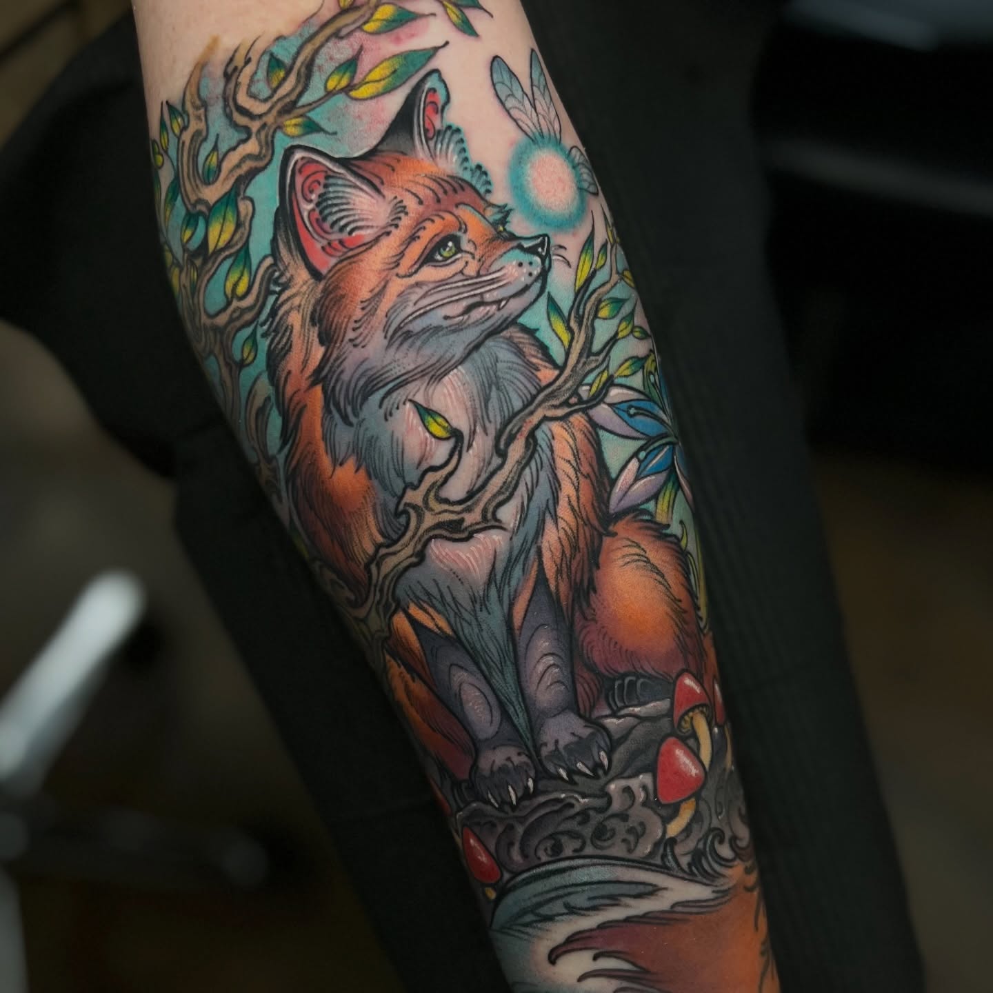 Fox American traditional tattoo on the forearm by Fredd Chino
