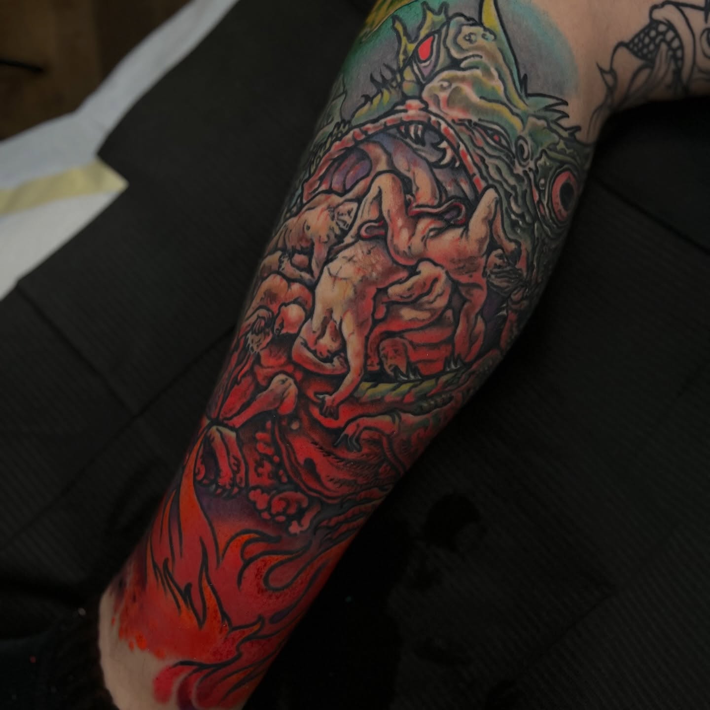 Mythical creatures neo-traditional tattoo on the forearm by Fredd Chino