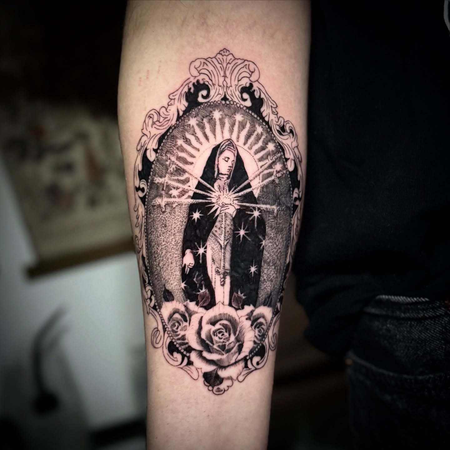 Religious figure black and grey tattoo on the forearm by † Aileen † Chicago Tattoo Artist