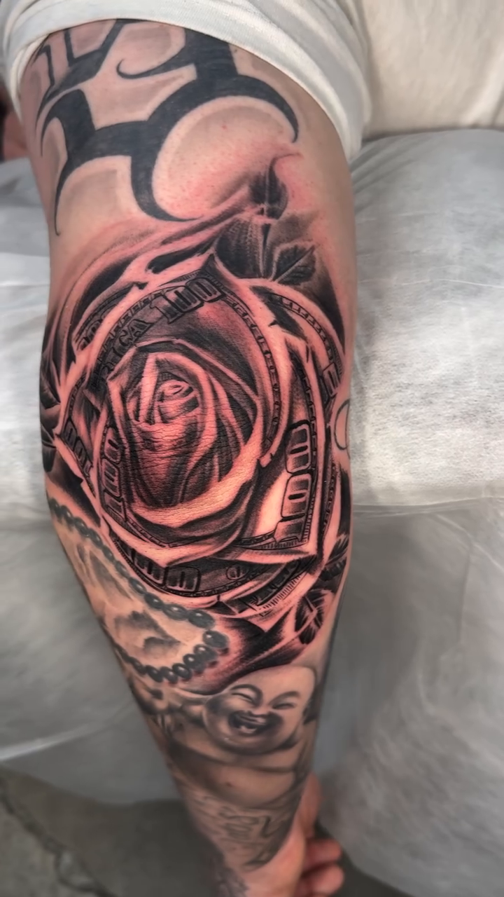 Rose and money realism tattoo by Sloe Rivera