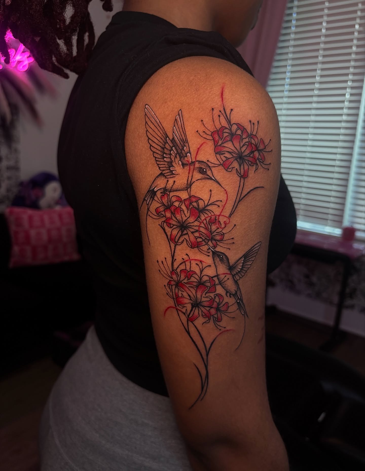 Hummingbirds and flowers realism tattoo on the shoulder by πππππππ ππππππ π¨πππππ