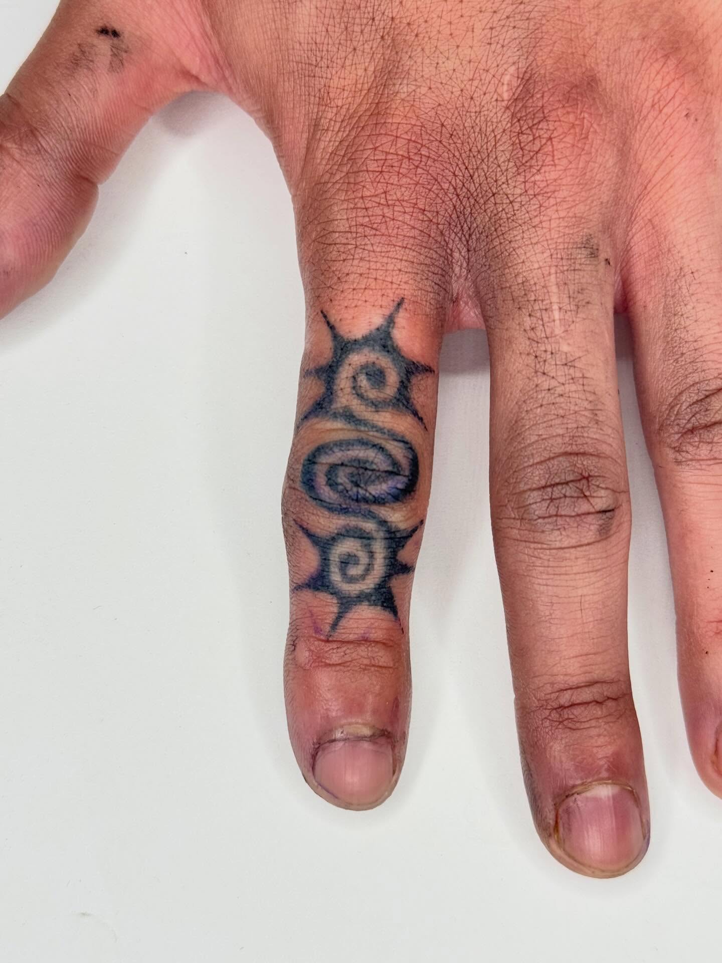 Sun and spiral black and grey tattoo on the hand by @mr.smiley___