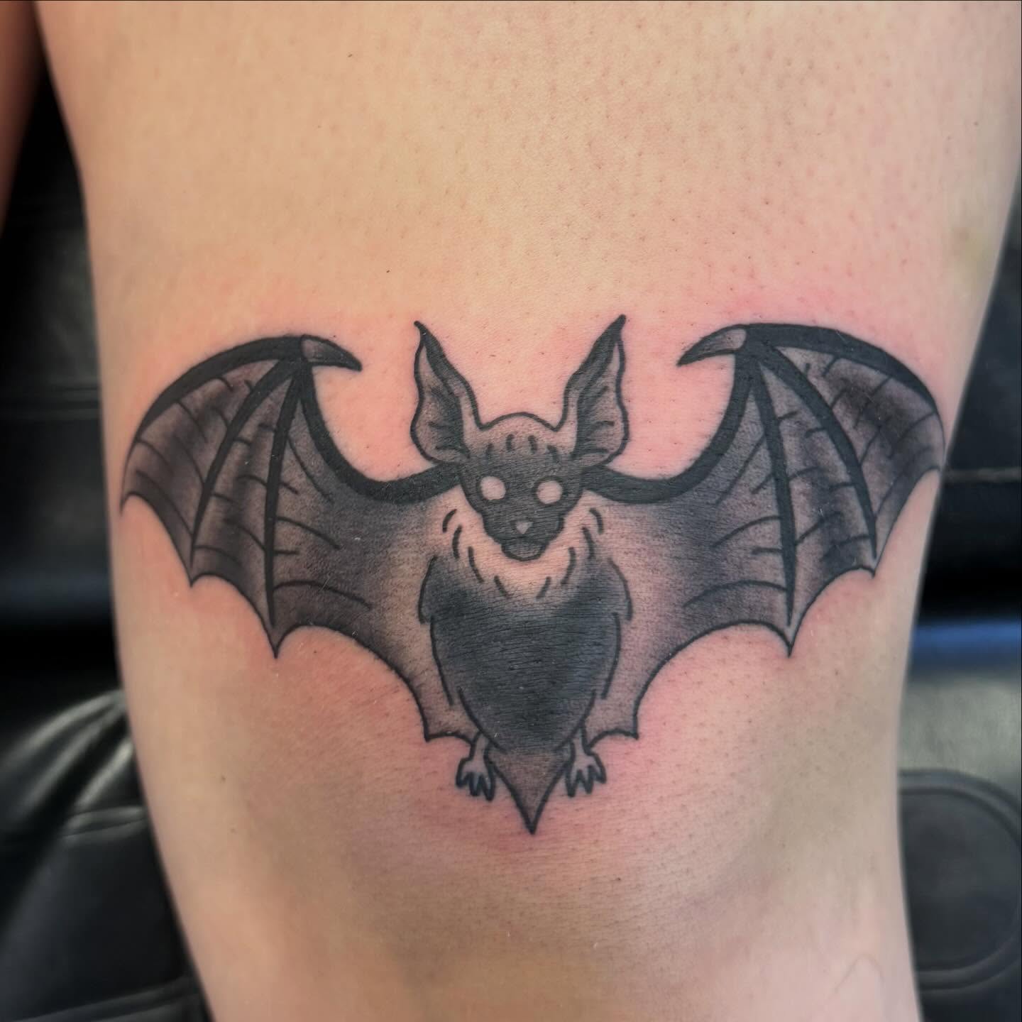 Bat black and grey tattoo on the thigh by Shan 🤘 Tattoo Artist ⚡️ MN 🌲