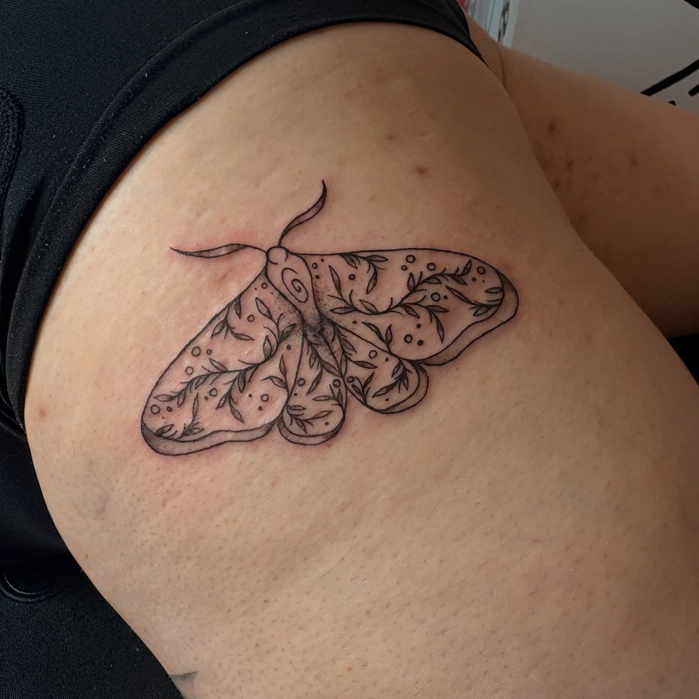 Moth dotwork tattoo on the thigh by Emma🌸✨Austin Tattoo Artist