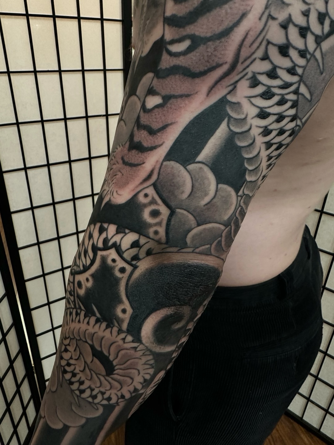 Dragon japanese irezumi tattoo on the forearm by Sequoia Rose, Portland, Oregon