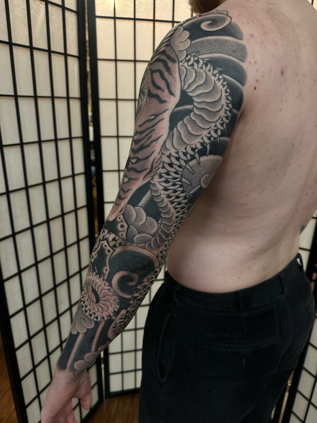 Dragon japanese irezumi tattoo on the upper arm by Sequoia Rose, Portland, Oregon