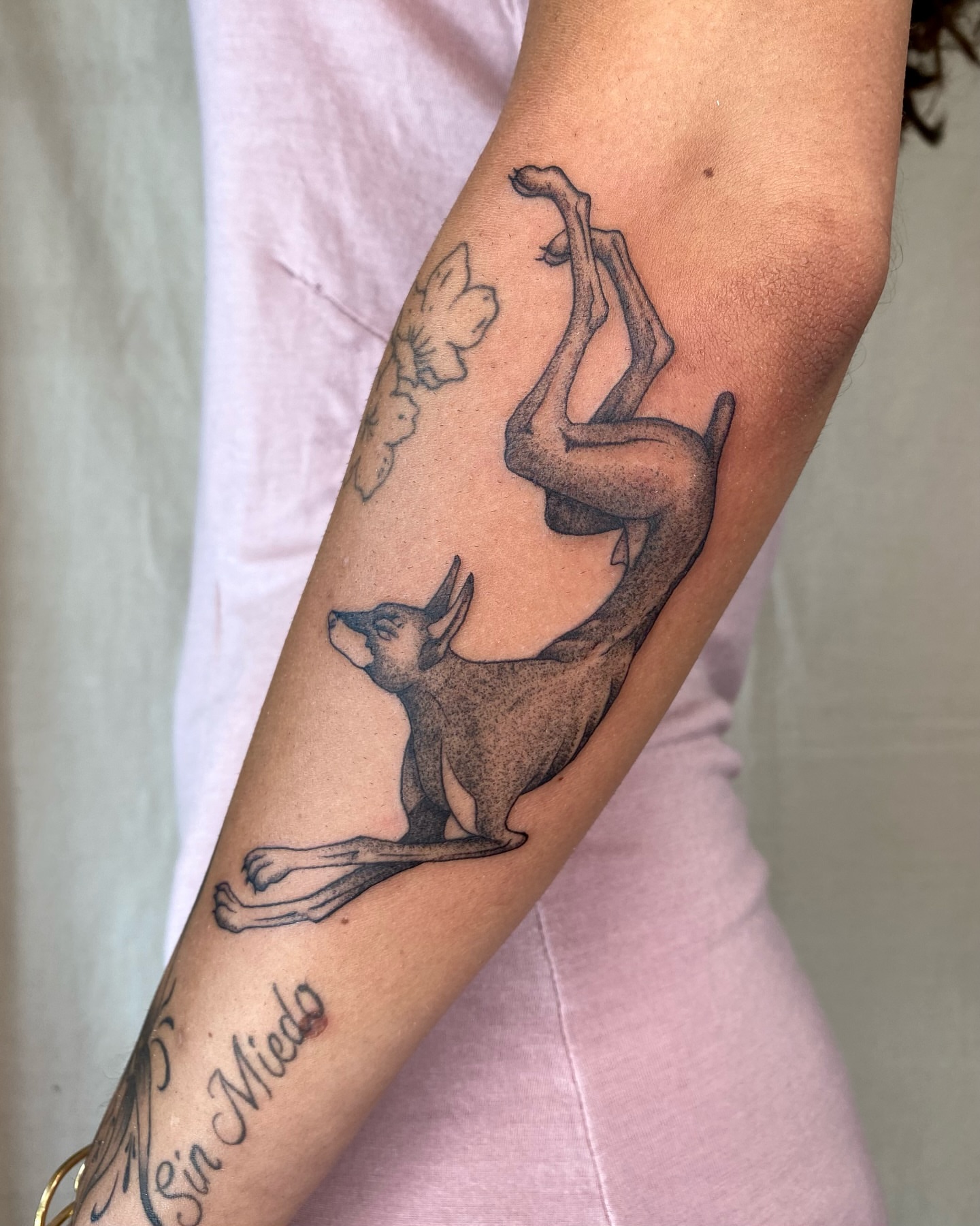 Deer and flower dotwork tattoo on the forearm by Sasha 🪆 Southern California Tattoo Artist