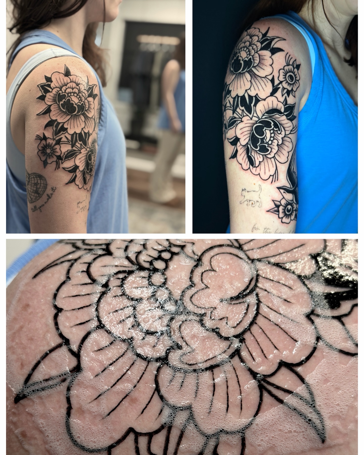 Floral bouquet black and grey tattoo on the upper arm by R e N O T