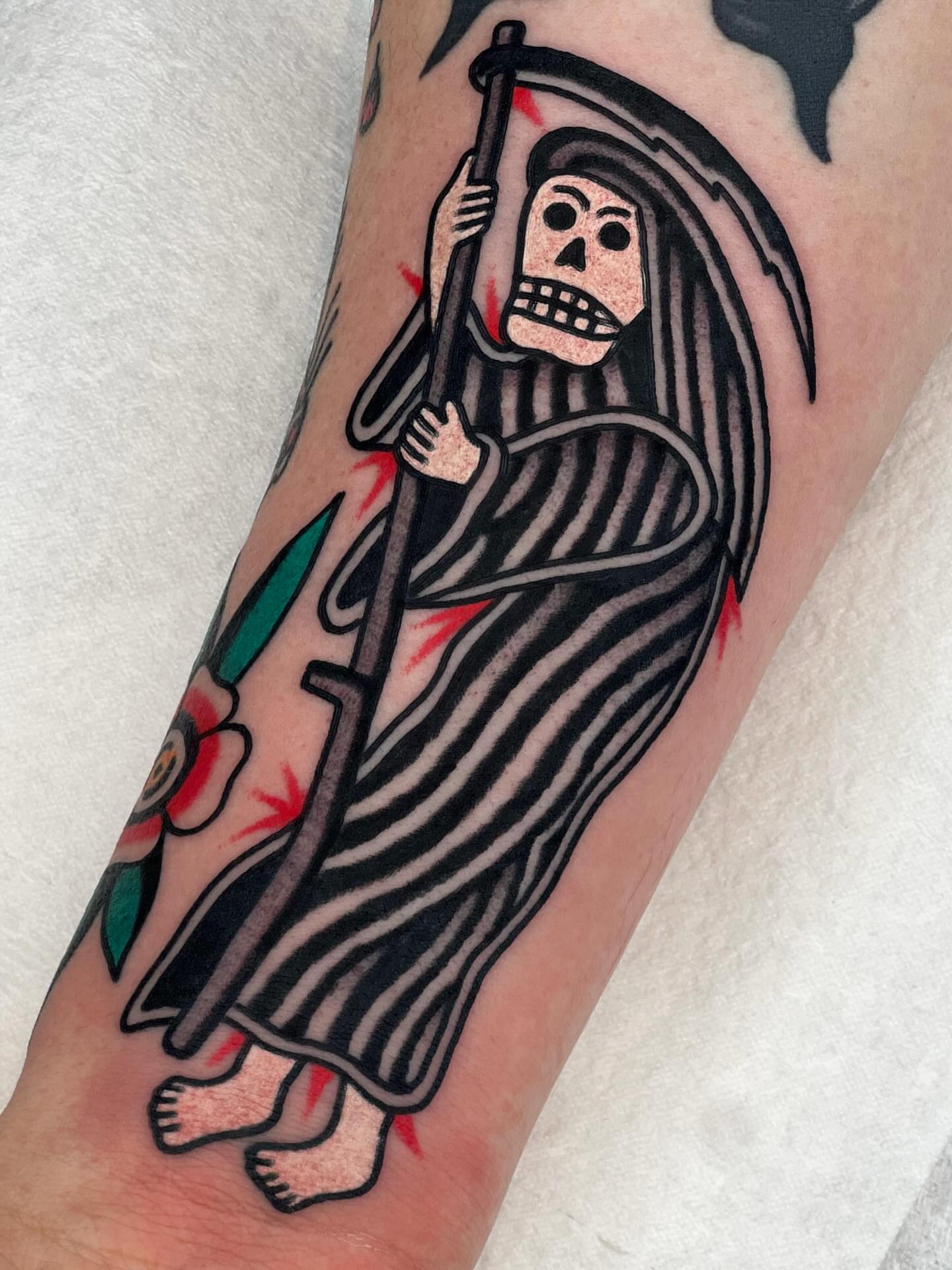 Grim reaper American traditional tattoo on the forearm by Blake Francis, Worcester, Massachusetts