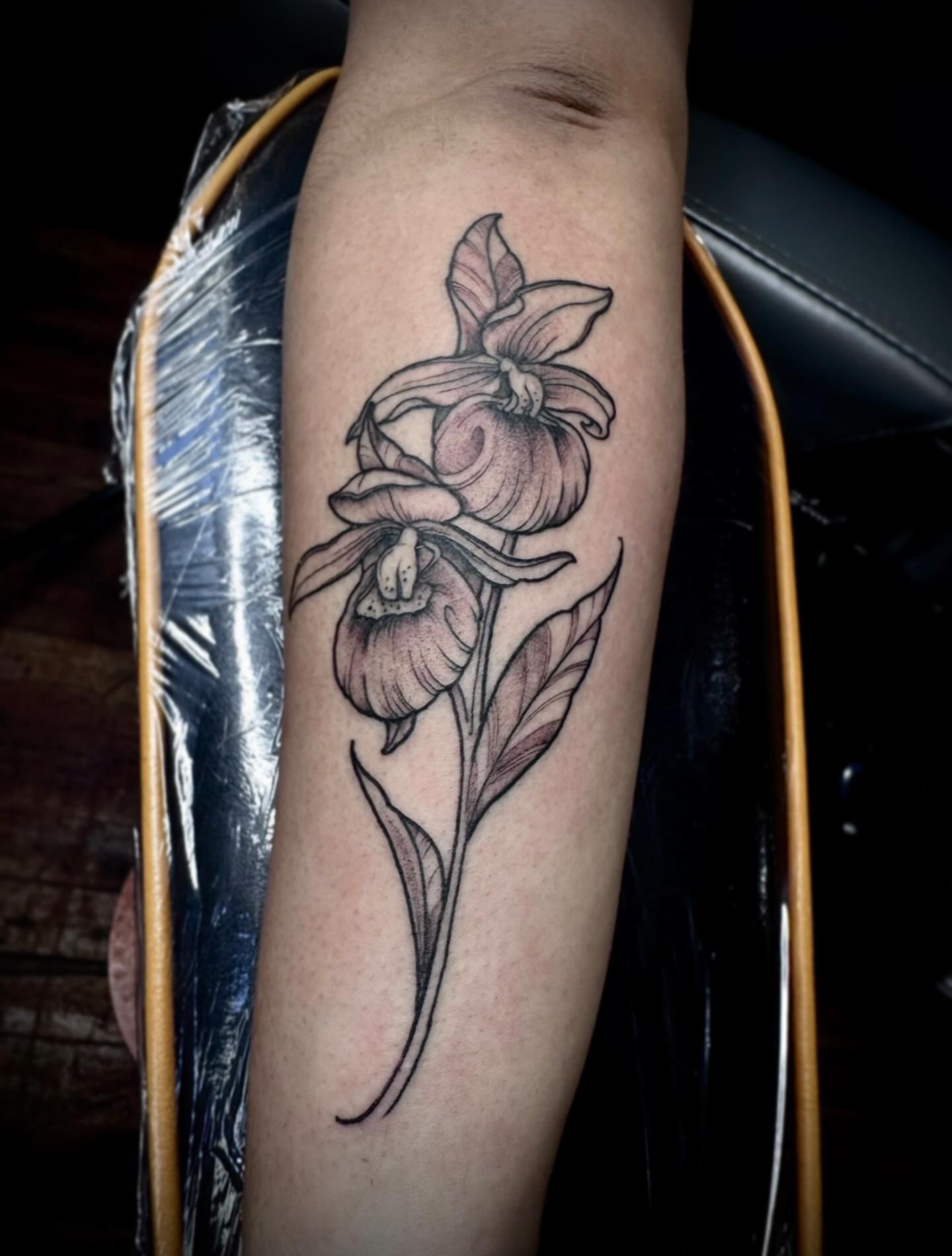 Orchid black and grey tattoo on the forearm by 🏵