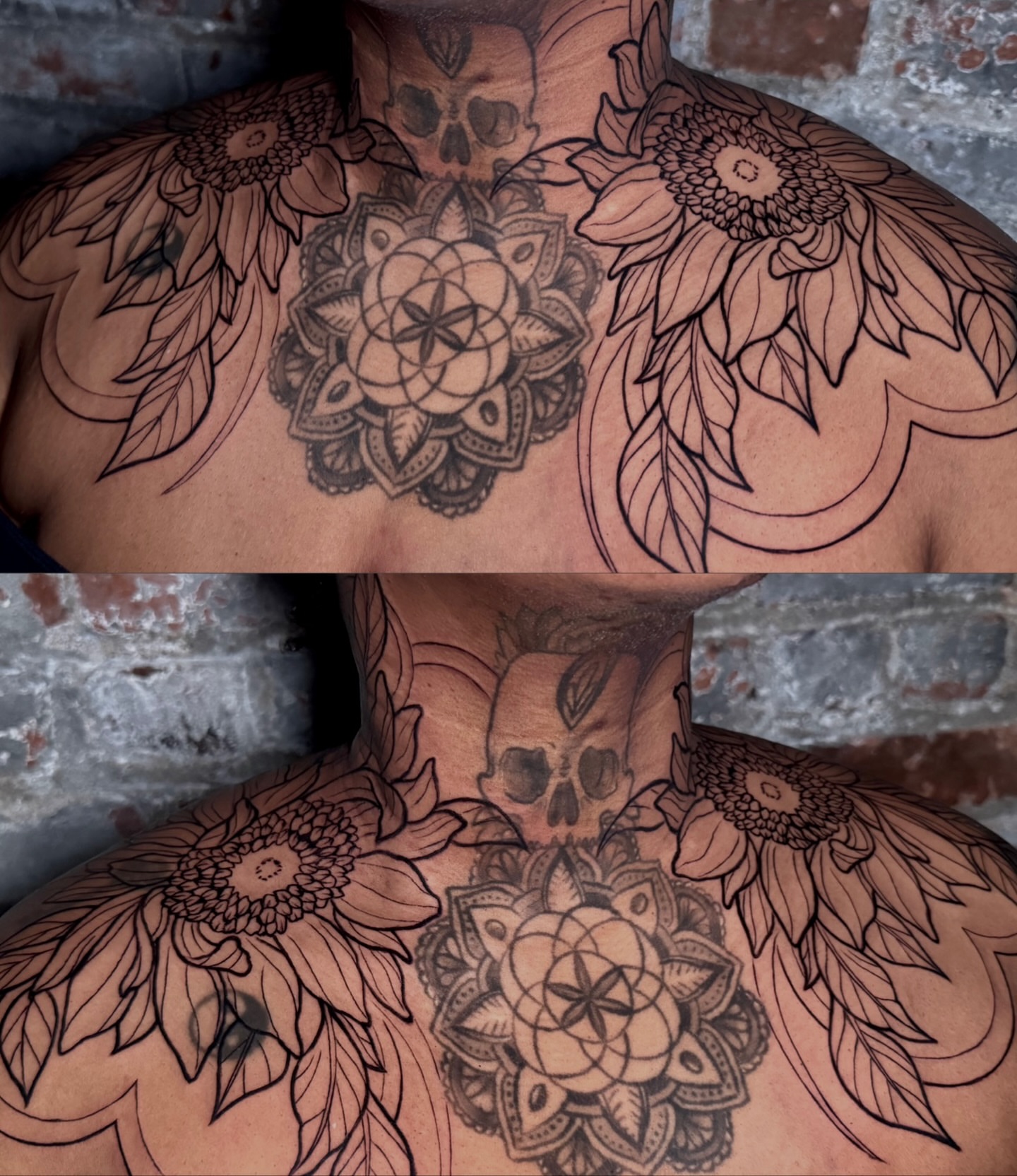 Mandala with sunflowers geometric tattoo on the chest by Montreal Tattoo Artist