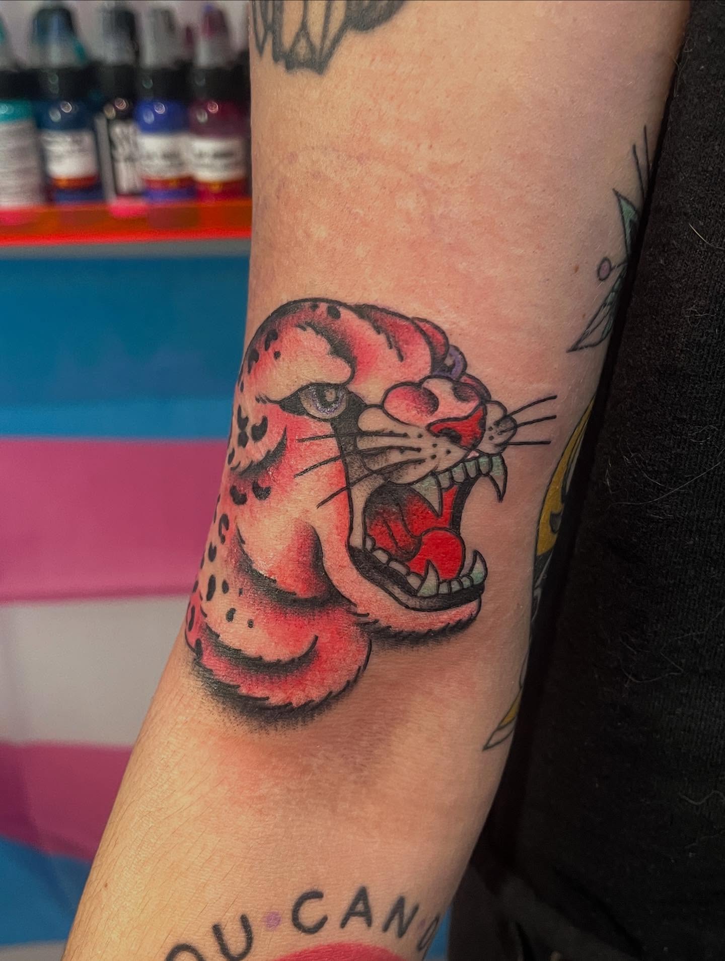Roaring leopard American traditional tattoo on the forearm by 🖤Jess Pereira🖤, Framingham, Massachusetts