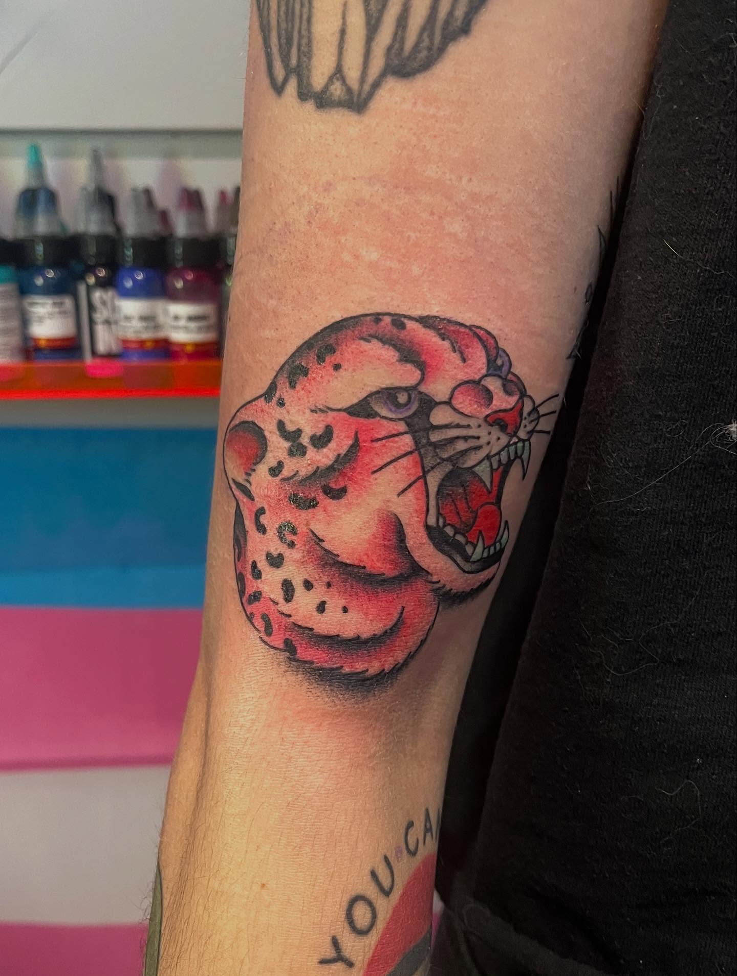 Leopard head realism tattoo on the forearm by 🖤Jess Pereira🖤, Framingham, Massachusetts