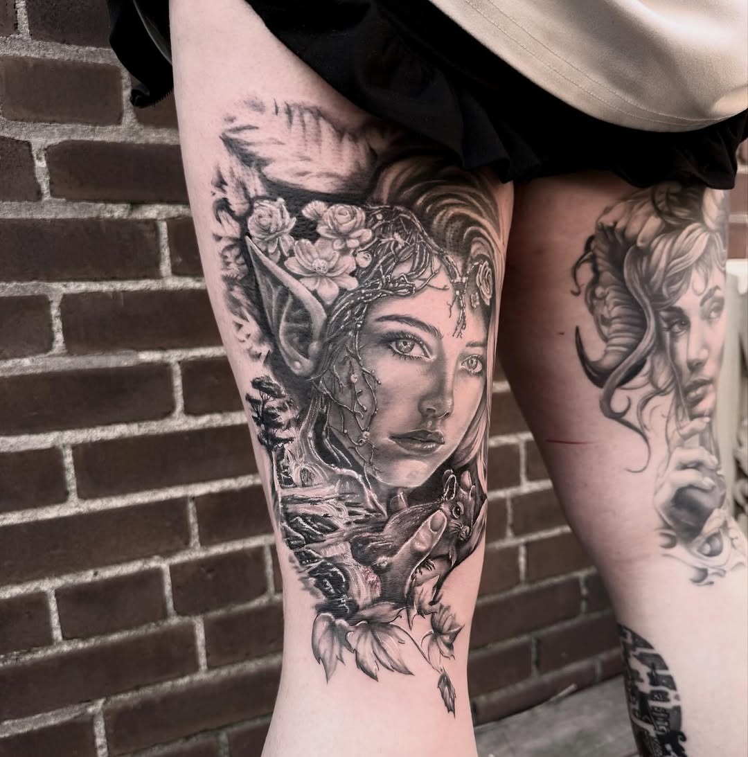 Elf woman with nature elements realism tattoo on the thigh by Blake Van Vleck