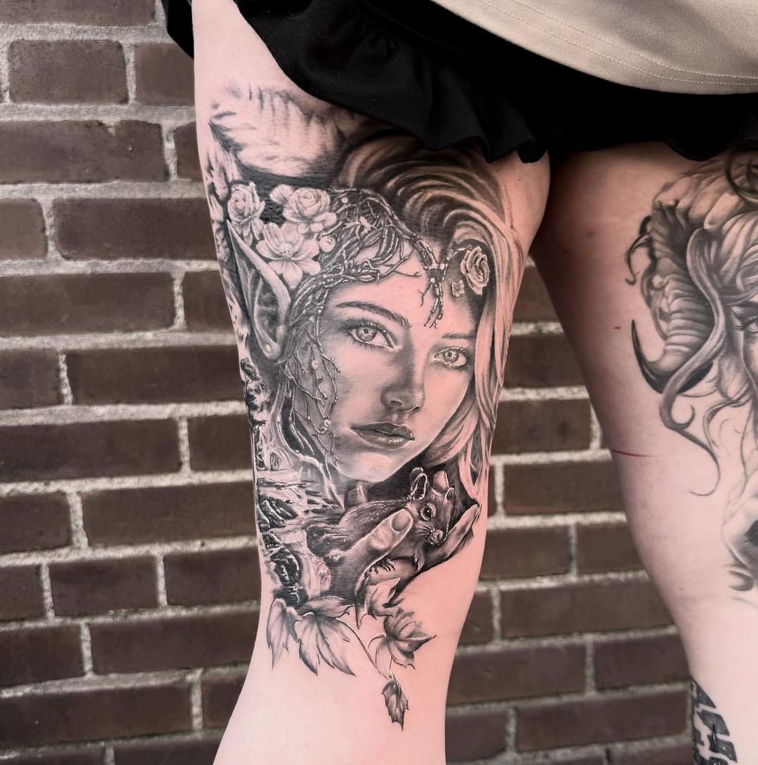 Elf woman holding a squirrel realism tattoo on the thigh by Blake Van Vleck