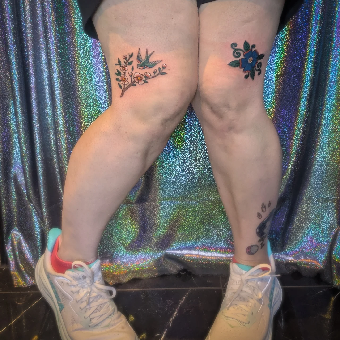 Bird and blossoms neo-traditional tattoo on the leg by Miranda Gilvarry - Thin Skin Tattoos, Salt Lake City, Utah