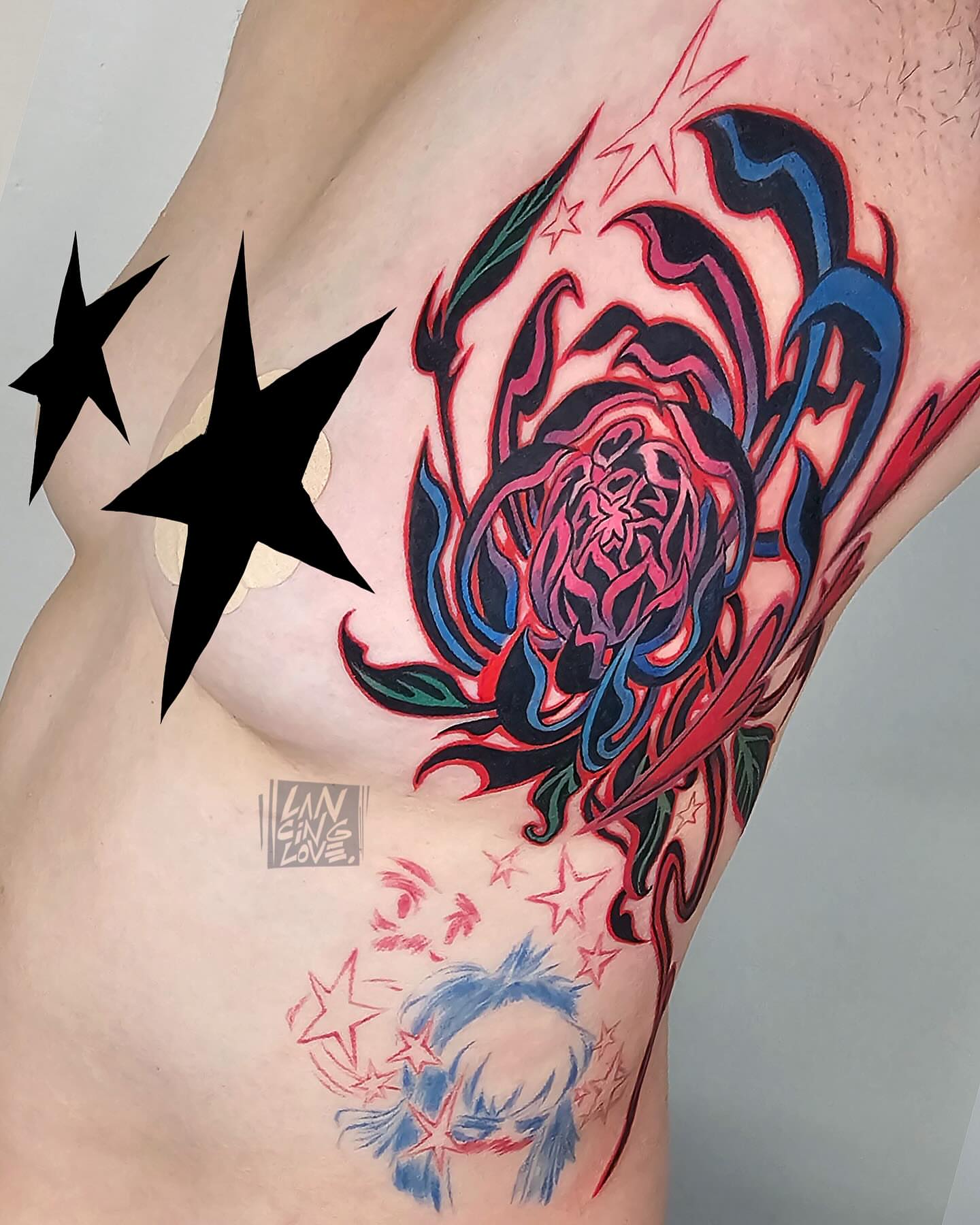 Floral design new school tattoo on the thigh by Lancinglove