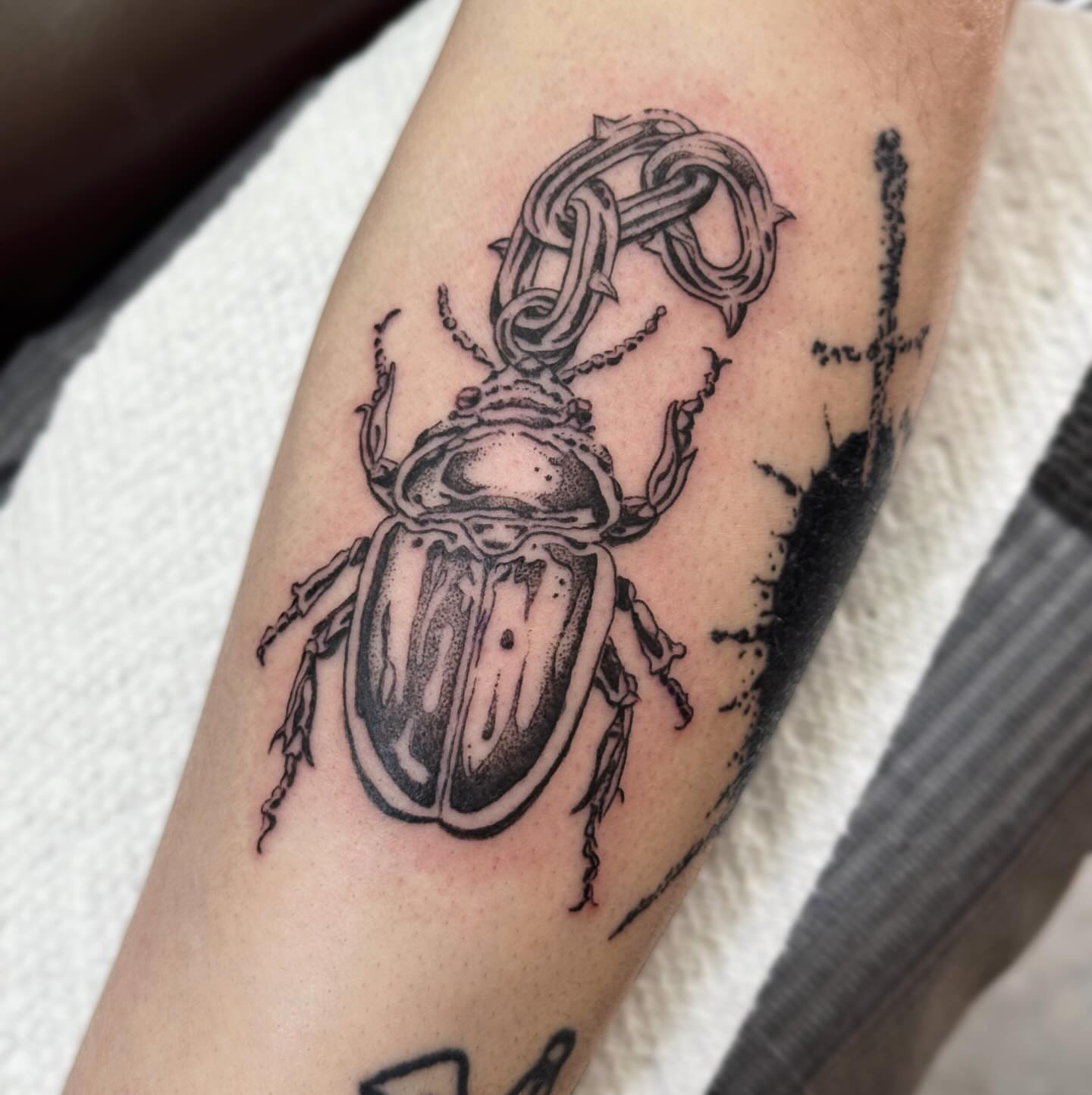 Scarab beetle dotwork tattoo on the forearm by Writhe Grey