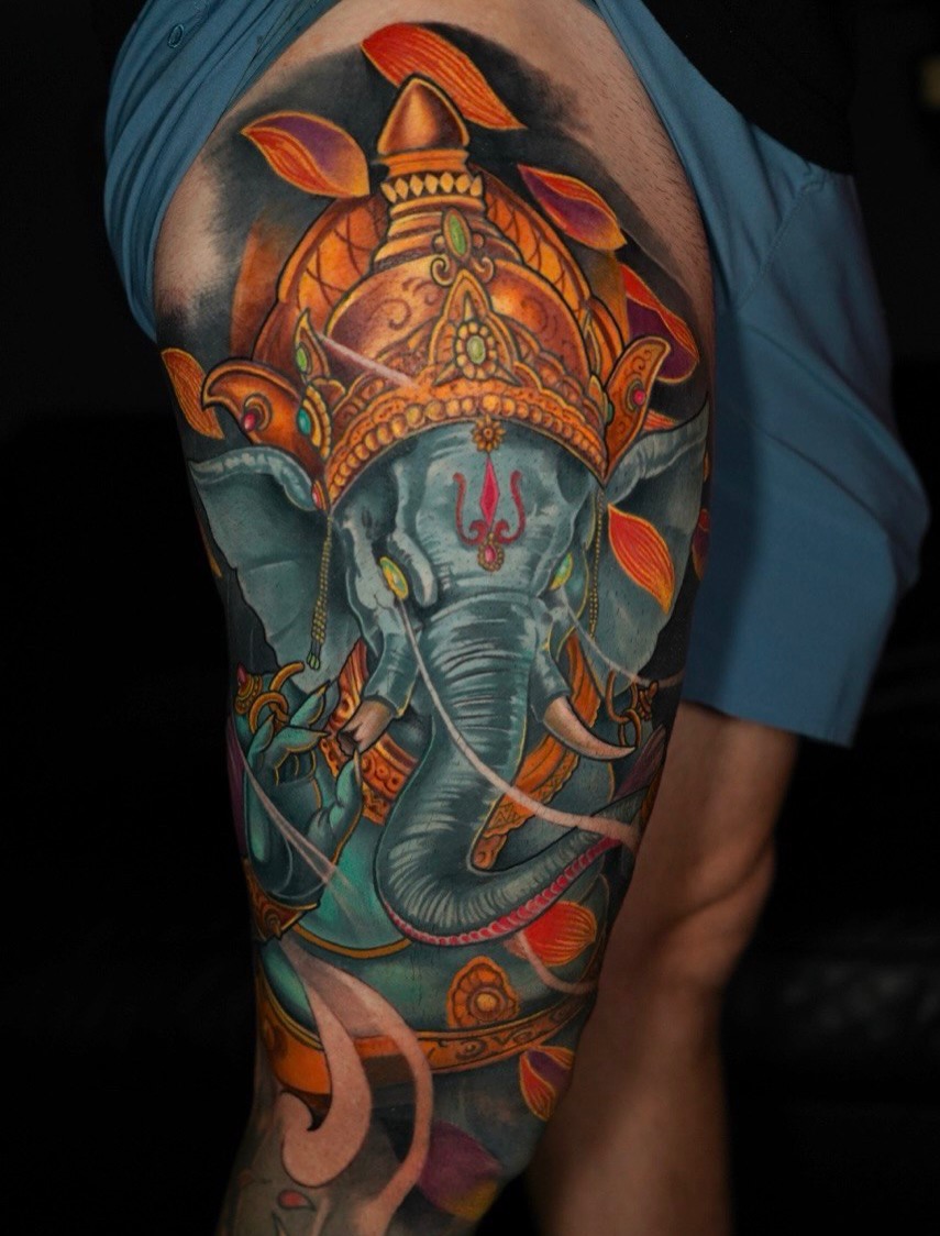 Elephant with ornate headdress new school tattoo on the forearm by Grego Hernandez, Miami, Florida