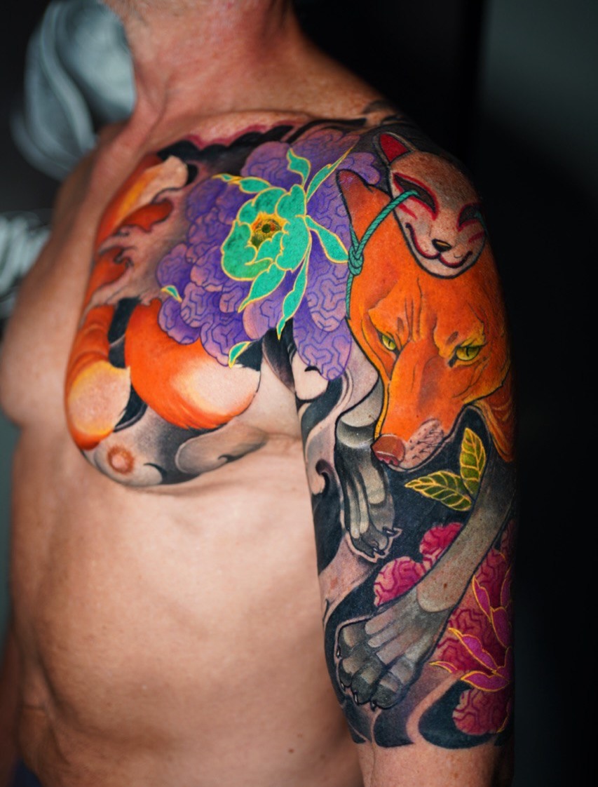 Fox and flowers japanese irezumi tattoo on the shoulder by Grego Hernandez, Miami, Florida