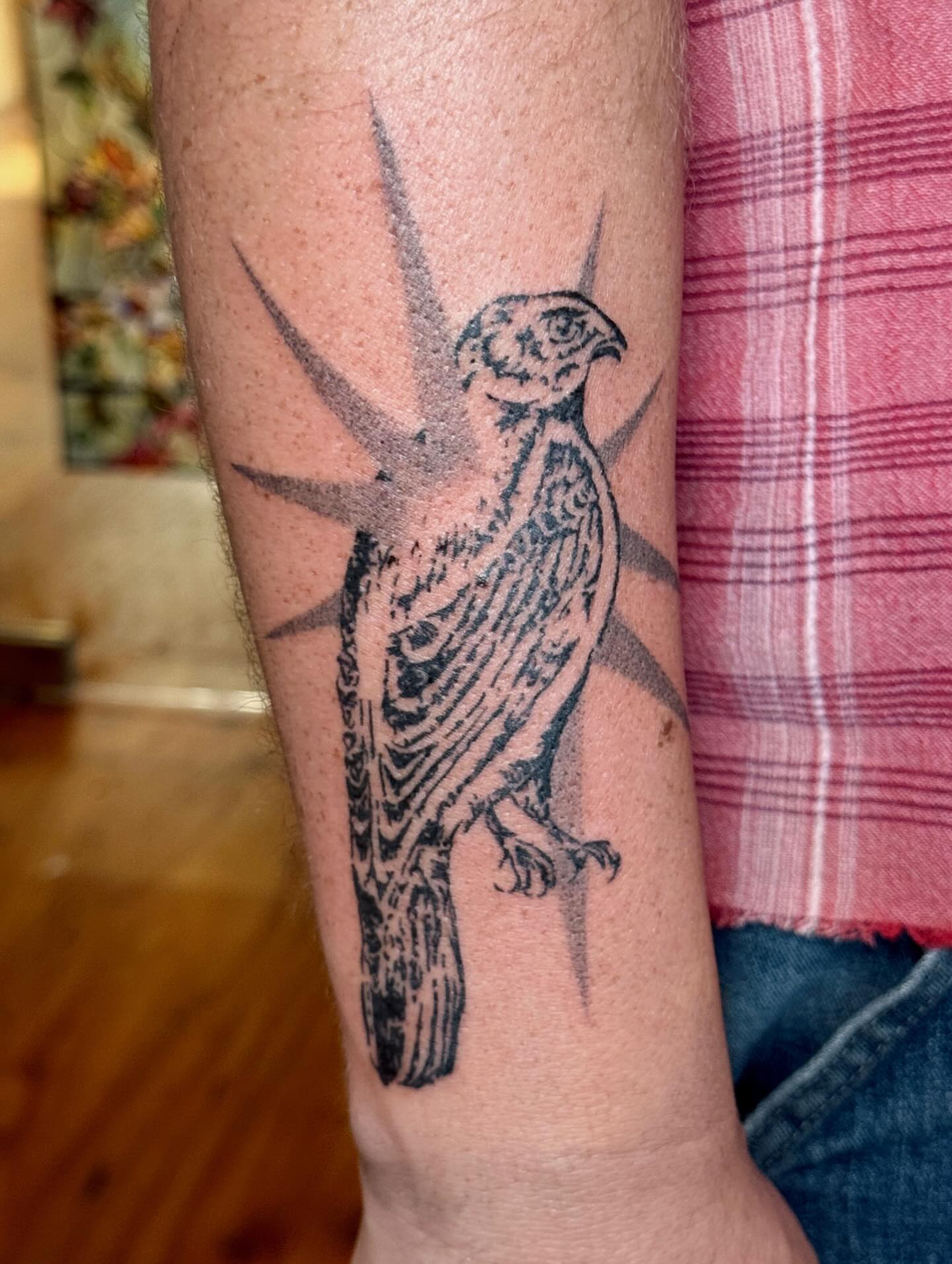 Hawk black and grey tattoo on the forearm by tattoos by miss jackie o 🎱