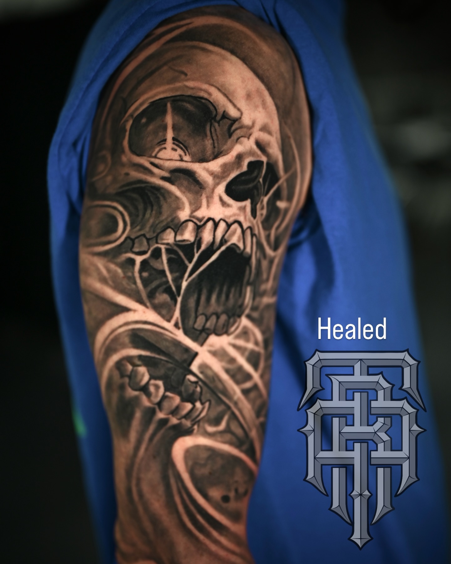 Skull realism tattoo on the forearm by Art Lopez