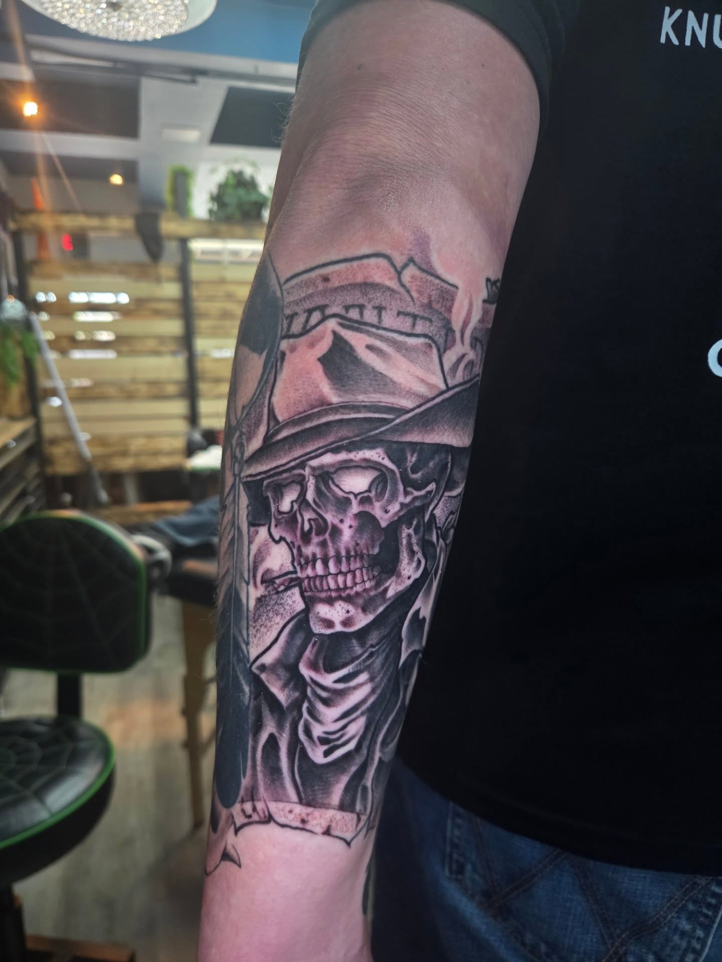 Cowboy skull smoking realism tattoo on the forearm by Geo