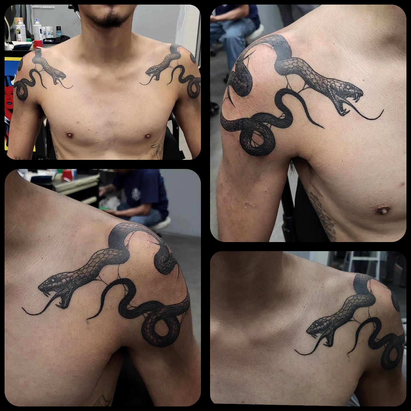 Snake black and grey tattoo on the chest by Pod Viñes
