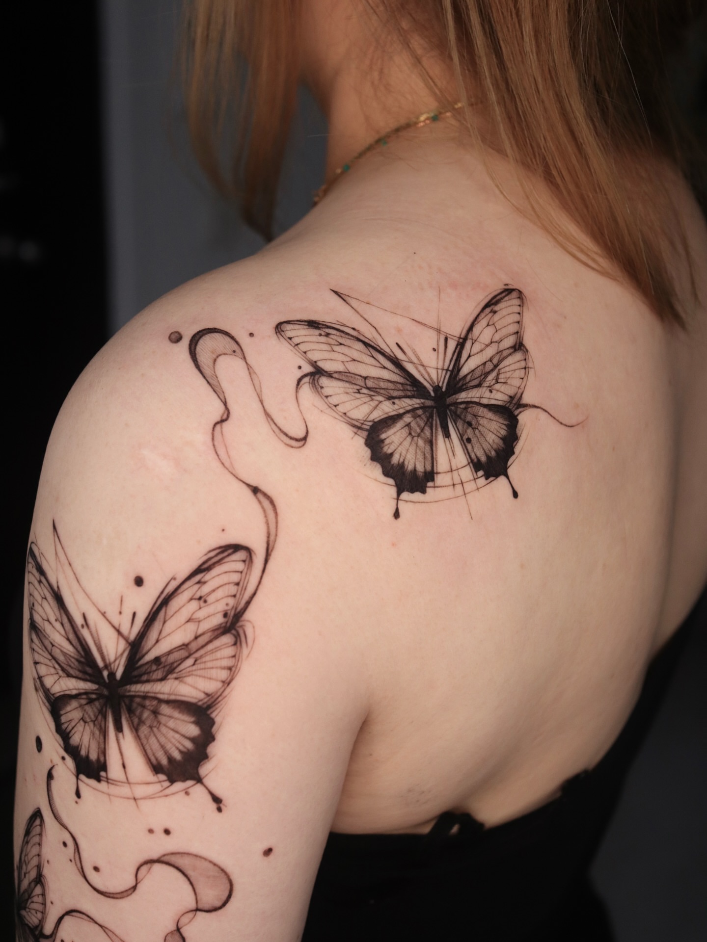 Butterflies realism tattoo on the shoulder by @tattoo_chamsae