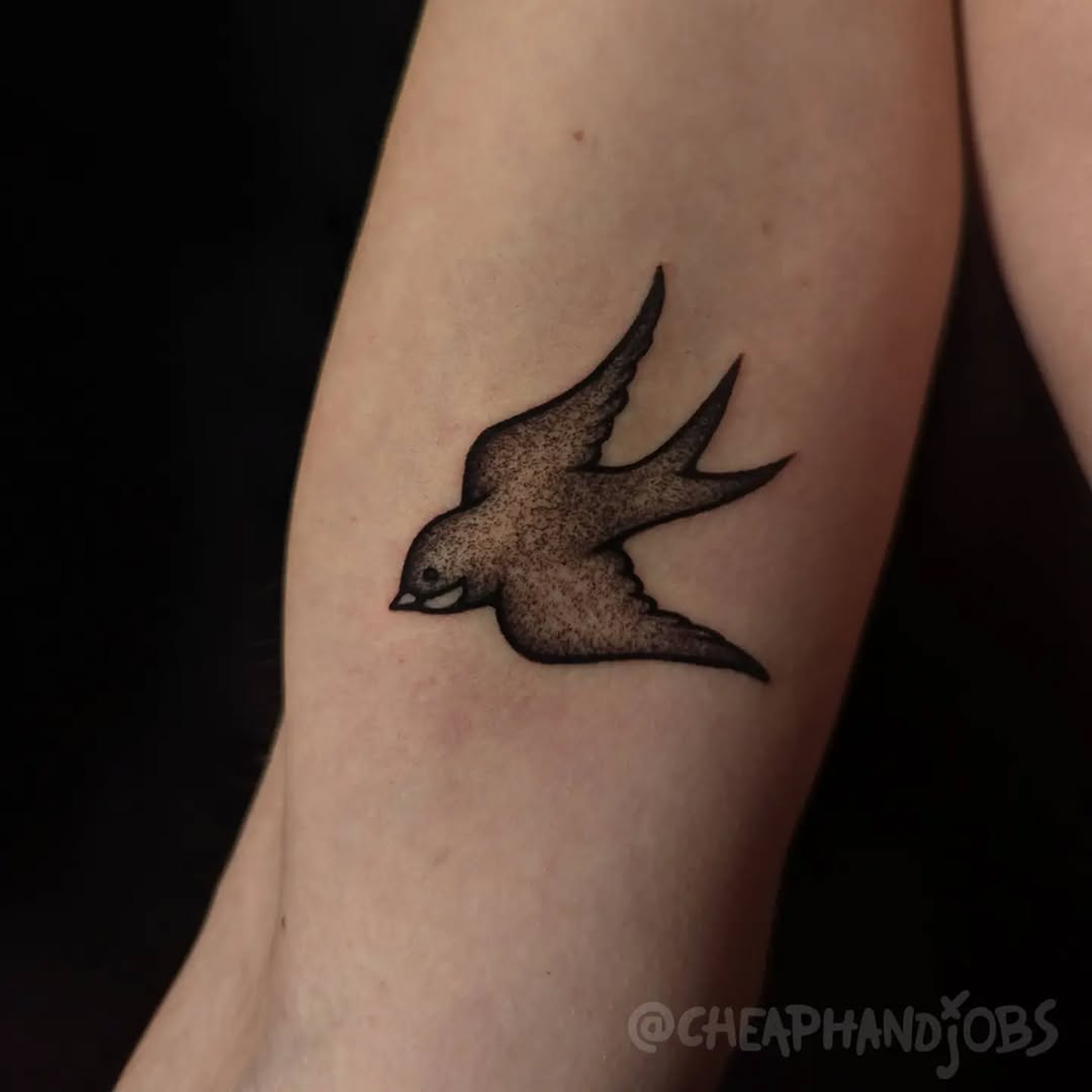Swallow bird fine line tattoo on the forearm by @cheaphandjobs, Leipzig, Germany