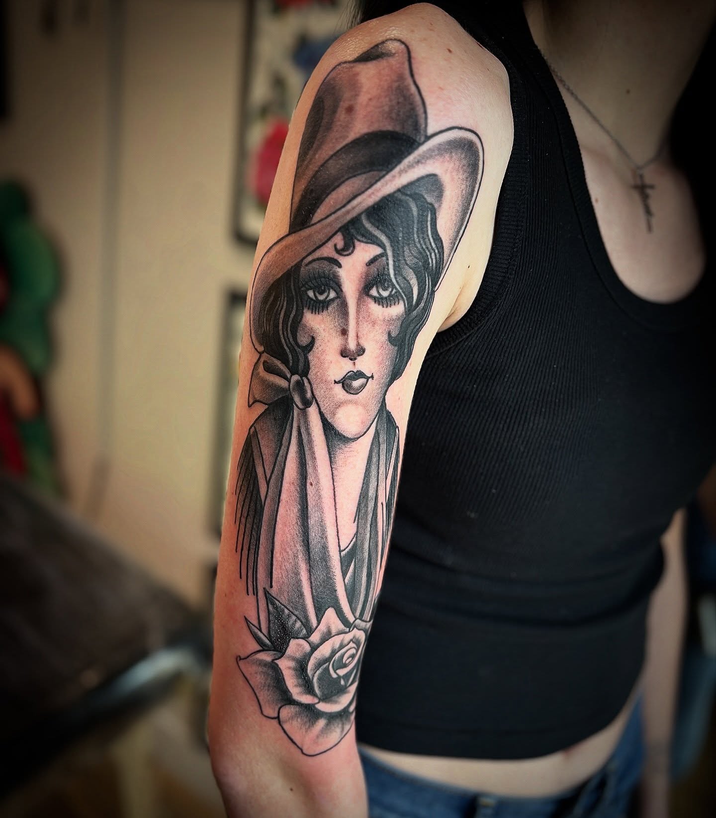 Flapper girl American traditional tattoo on the forearm by Ogden Tattoo Parlor