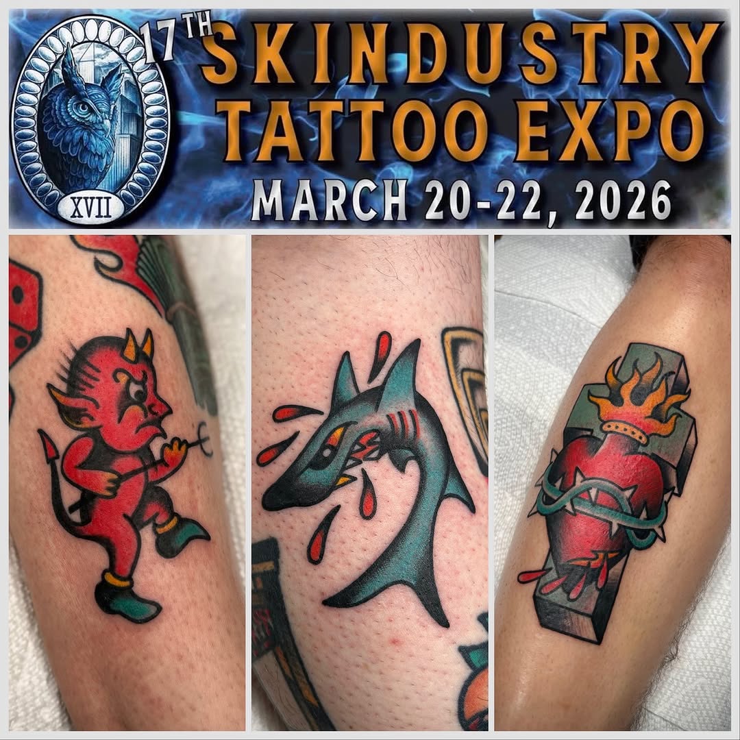 Devil, shark, sacred heart American traditional tattoo on the forearm by Bright-bold-classic Tattoos, North Hills