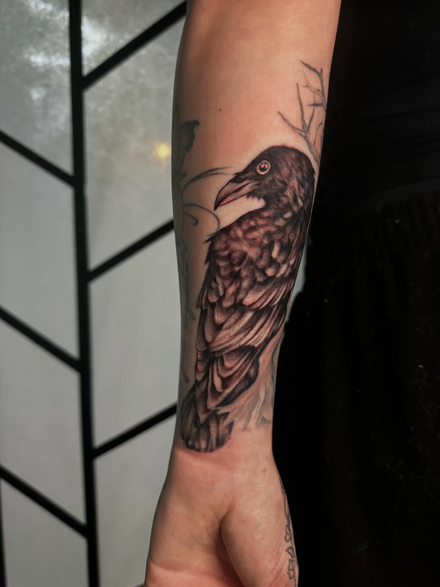 Crow realism tattoo on the forearm by Elisha B🦷