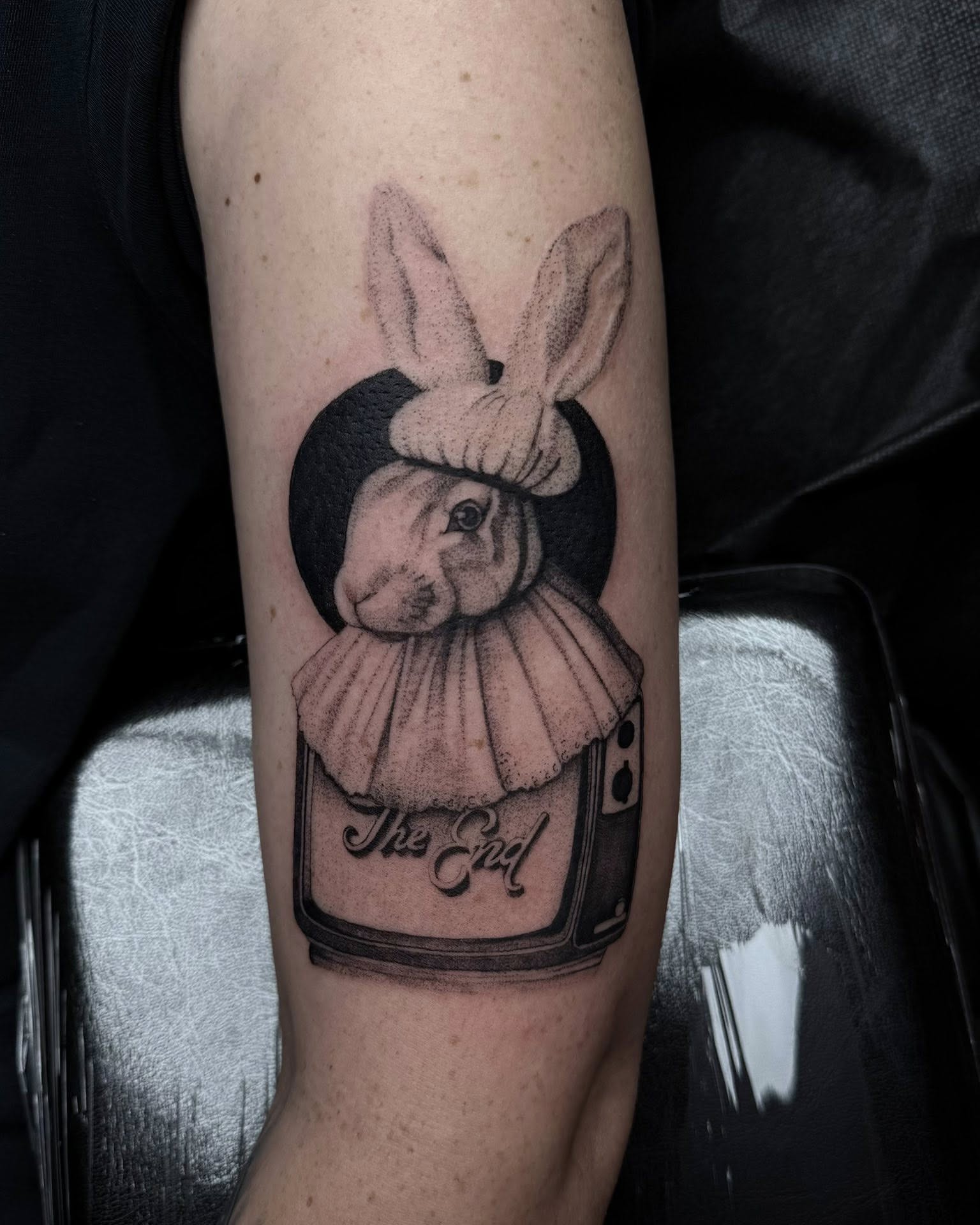 Rabbit in a box dotwork tattoo on the forearm by Madison Jasso
