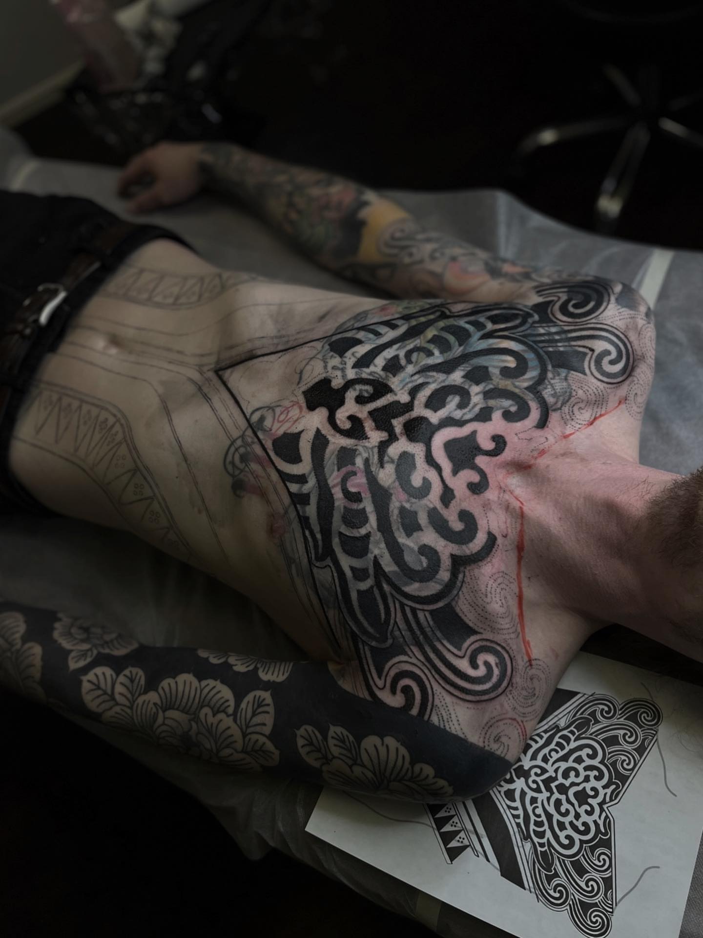 Floral pattern black and grey tattoo on the thigh by ✣ Liz Karn ✣