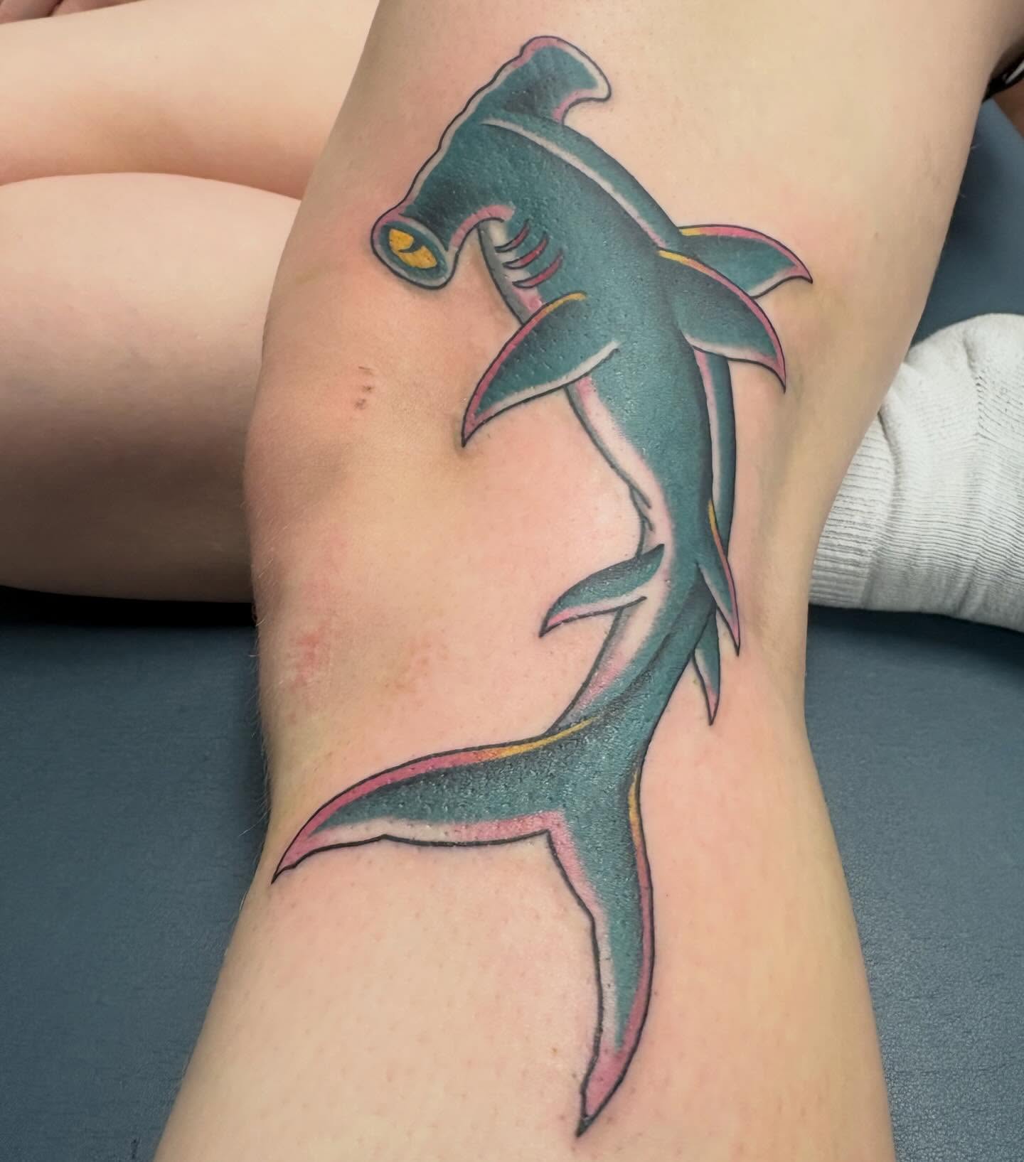 Hammerhead shark American traditional tattoo on the forearm by Jakob Ristau, Kansas City, Missouri