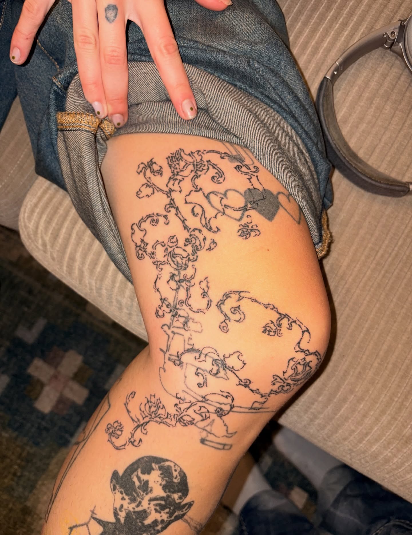 Fantasy creatures illustrative tattoo on the thigh by ana
