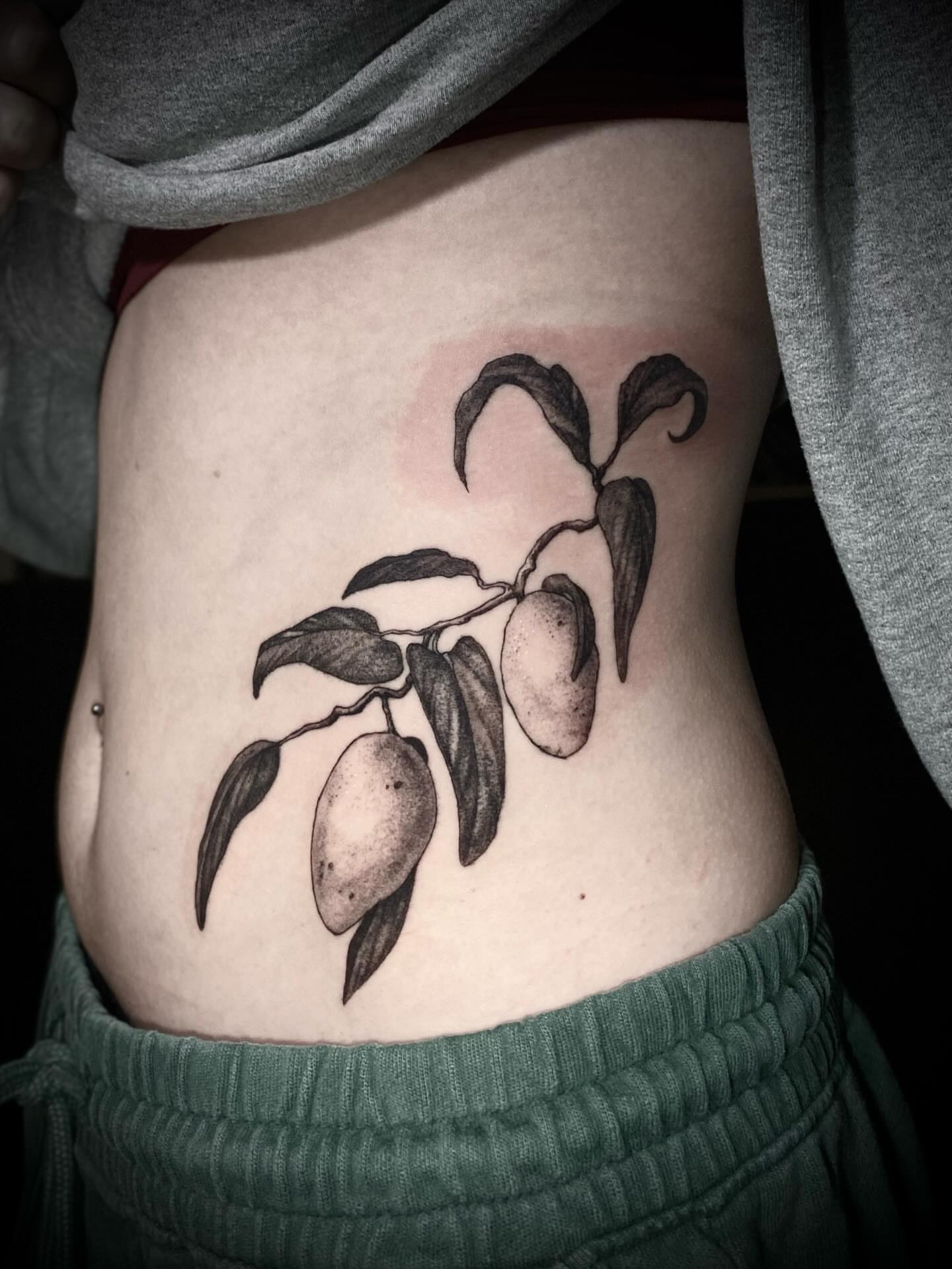 Mango branch black and grey tattoo on the ribs by Olivia Scott - Kansas Tattoo Artist